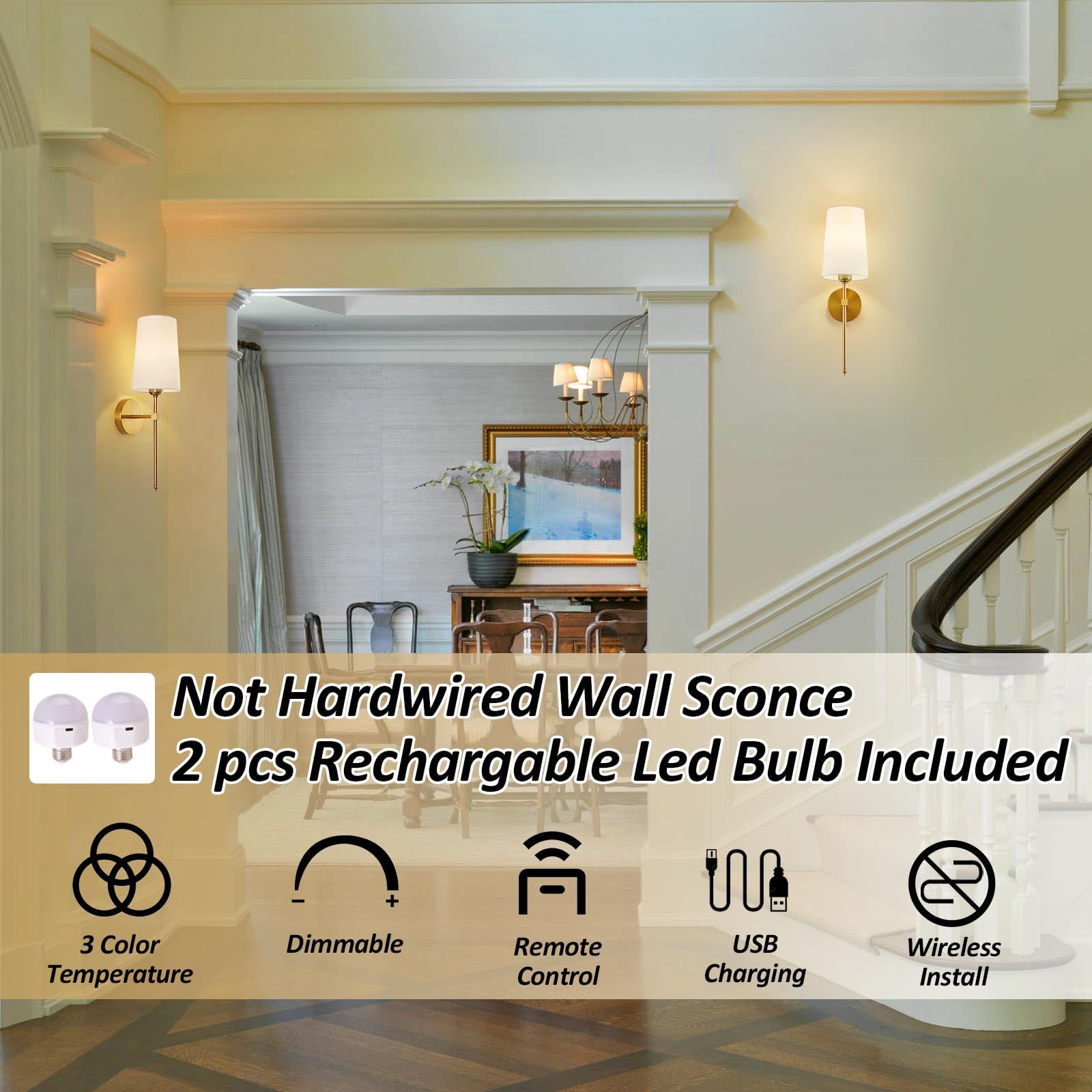 Cckzqyr Battery Operated Wall Sconces, Wall Sconces Sets Of 2, Rechargeable Wall Lights, With Remote Control Dimmable Detachable Bulb, Suitable For Bedroom Living Room Corridor Kitchen