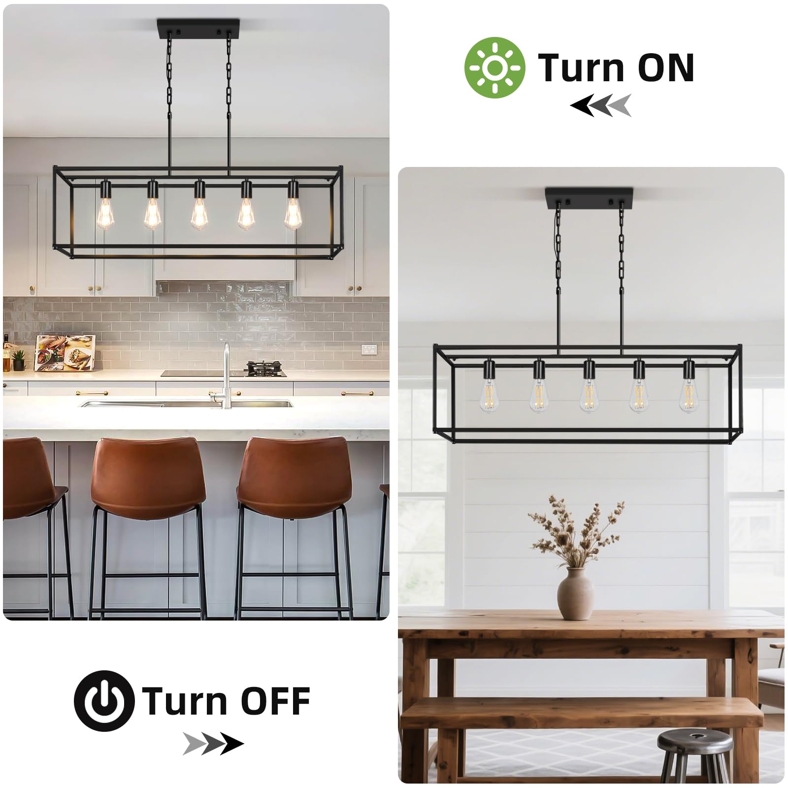 Daoseolo 5-Light Rustic Farmhouse Chandelier, Black Metal, Rectangular, Model TC-CFKDD