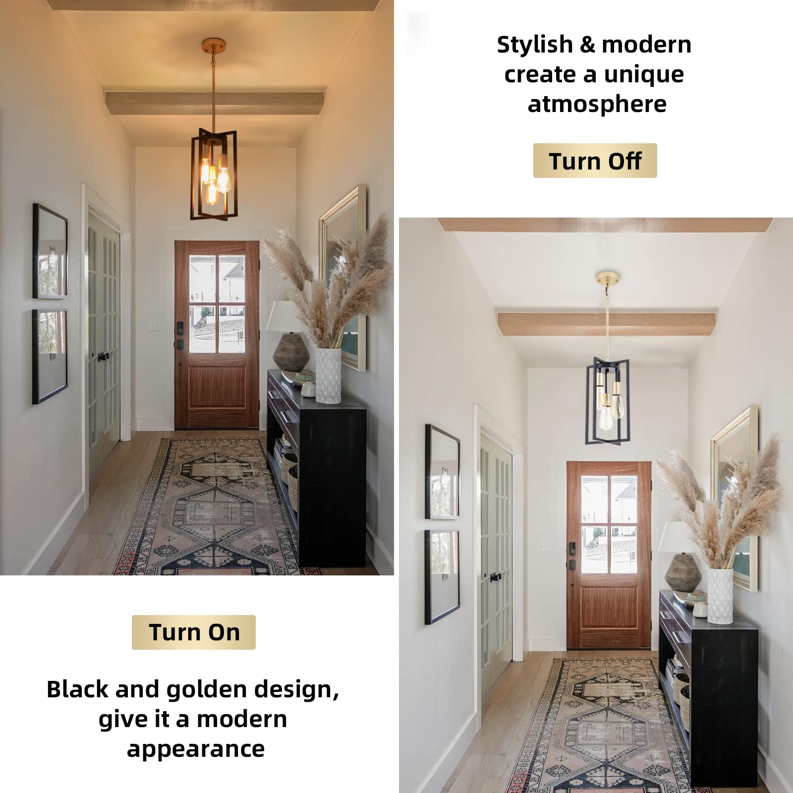 Industrial Farmhouse Pendant Lights, Rectangle 3-Light Modern Black And Golden Chandelier,Geometric Metal Cage Adjustable Rods Pendant Lighting Fixture For Kitchen Island Dining Room Living Room Foyer