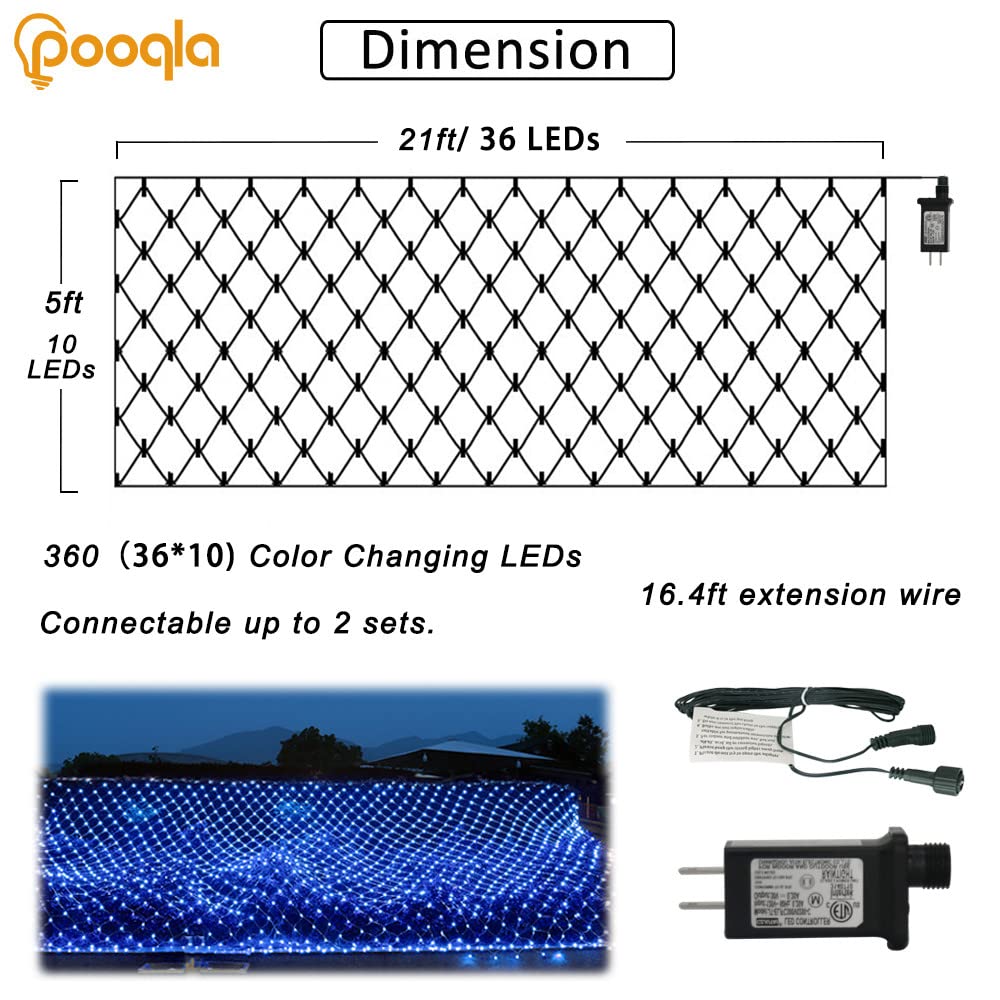 Pooqla Blue Net Lights, 360 LED Outdoor Twinkle String Lights, 21ft x 5ft, Connectable for Garden Party Decor