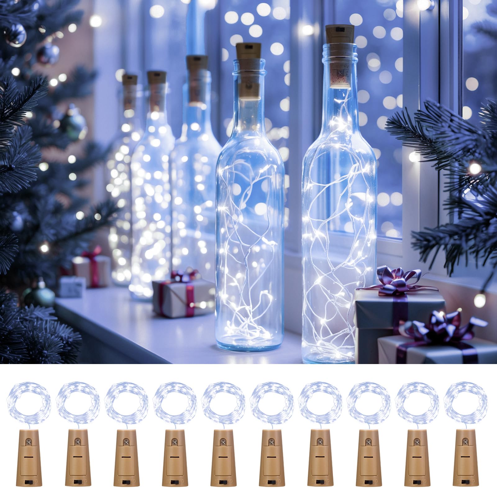 inpmrl 10 Pack Bottle Lights with Cork  20 LED 7ft Cool White Copper Wire String Lights for Beverage Bottles  Battery Operated Decorative Fairy Lights for DIY  Home  Party  Wedding Decor (Cool White)