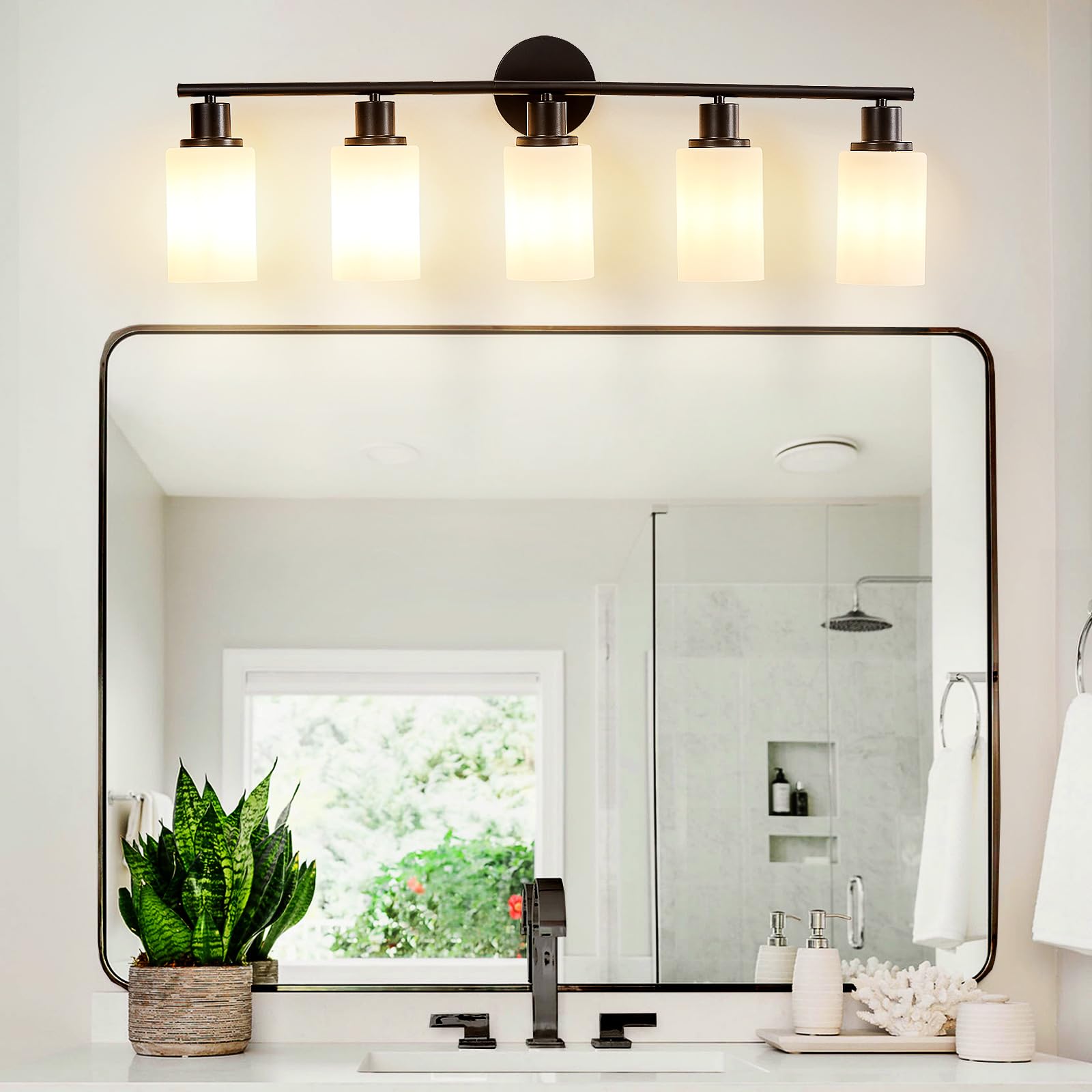 DINGLILIGHTING 5-Light Bathroom Light Fixtures, Black Metal Vanity Lights, Milky White Glass Shade, Modern Design