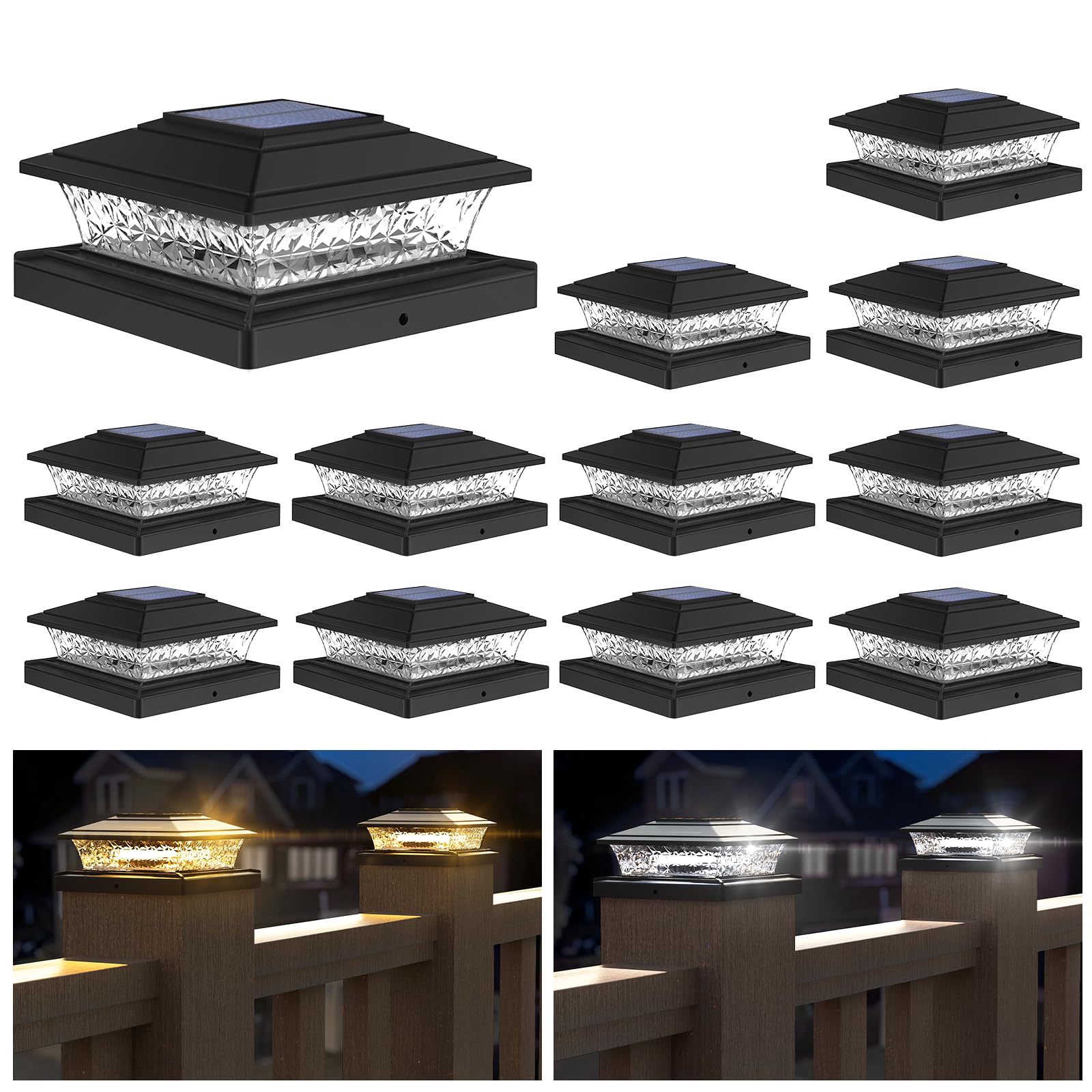 APONUO Solar Post Lights, 16 LEDs, 2 Lighting Modes, Waterproof, 12 Pack, Black, Fits 4x4 5x5 6x6 Posts, Model 