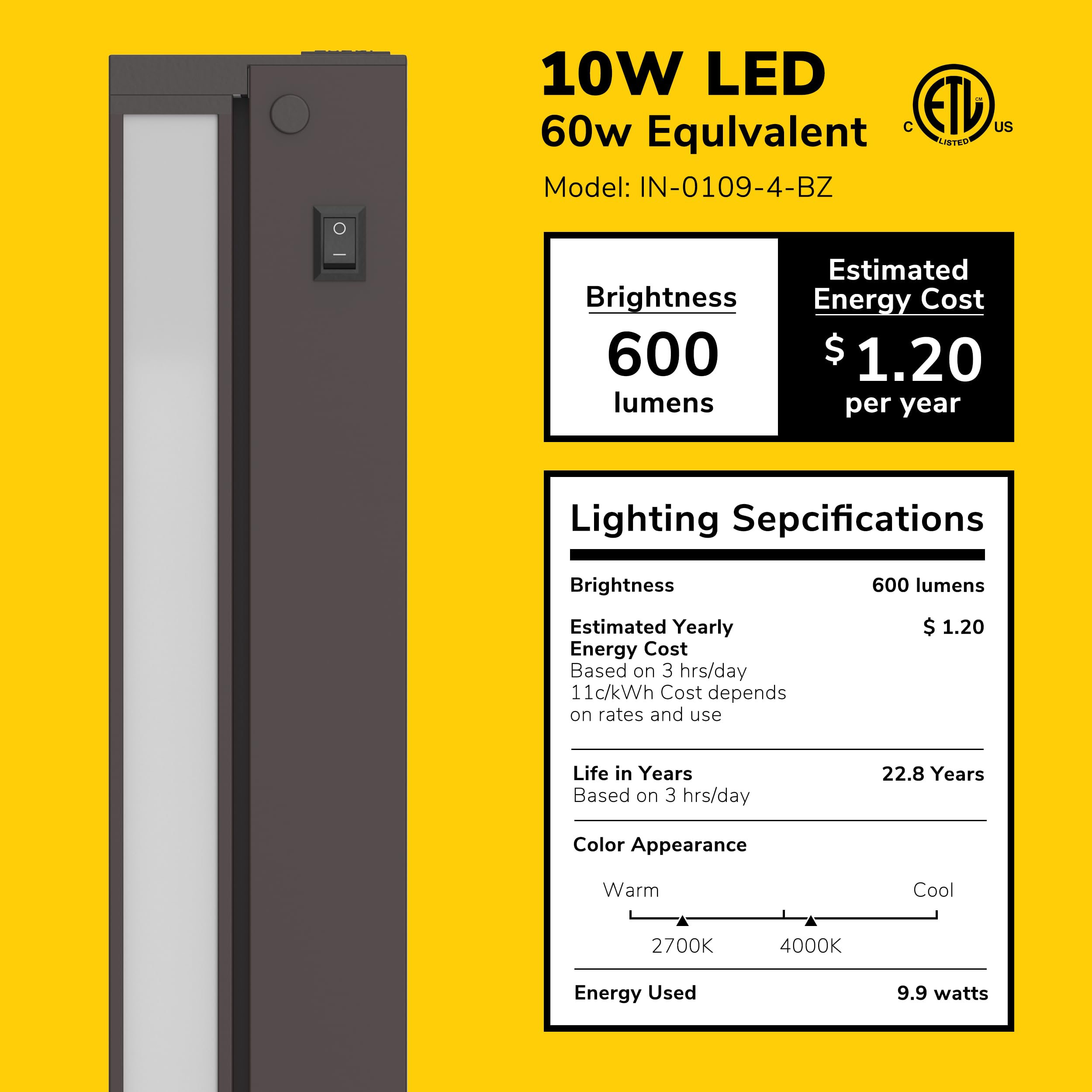 GETINLIGHT 16-inch LED Under Cabinet Lighting, Dimmable, 2700K/4000K, Bronze, Model IN-0109-4-BZ
