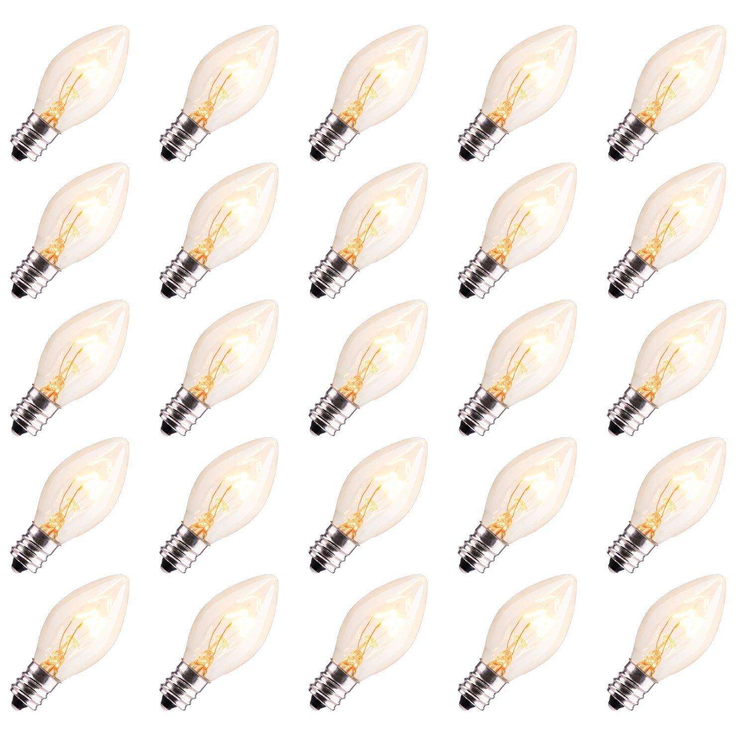 Brightown 50-Pack C7 Christmas Replacement Bulbs, C7 Clear Incandescent Bulbs for Christmas Light Strings, E12 Candelabra Base, 5 Watt, Clear