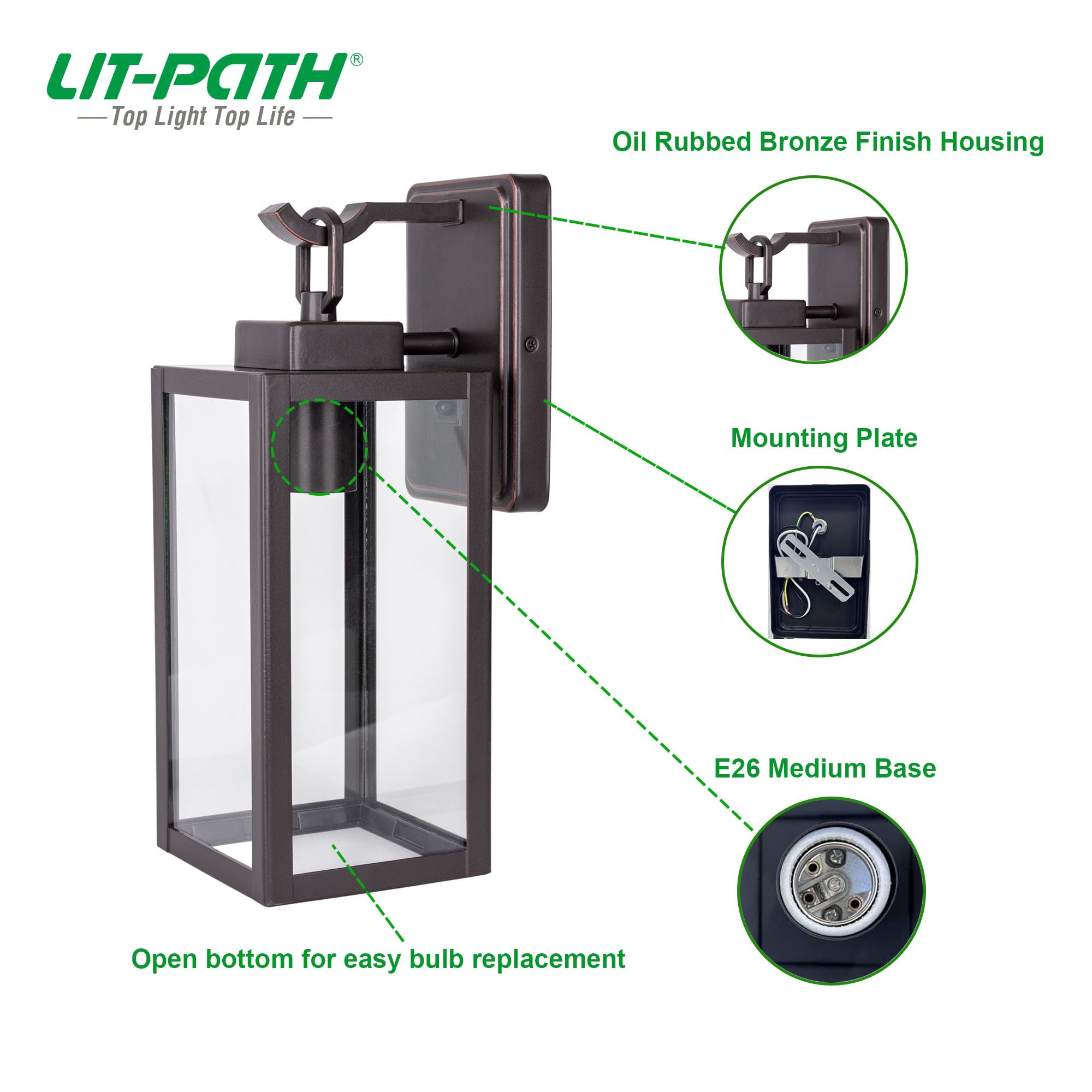 LIT-PaTH Outdoor Wall Lantern, Wall Sconce as Porch Lighting Fixture, E26 Medium Base Max 60W, Anti-Rust Metal with Glass Shade,