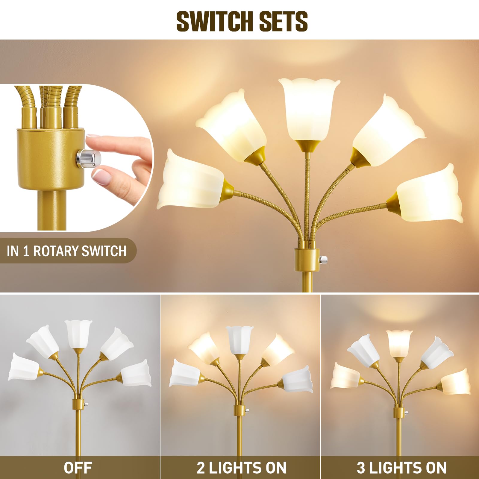 GyroVu Medusa Floor Lamp - Multi-Head Modern Tall Gooseneck Lamp with 5 White Shades, Gold Finish