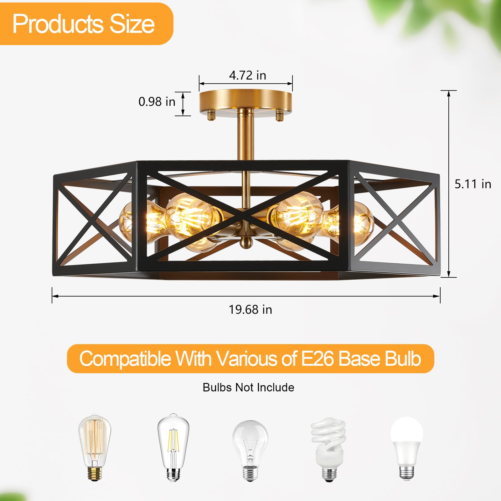 XSDeTu 6-Light Semi Flush Mount Ceiling Light, Black & Gold Metal Hexagon Cage, Industrial Style for Kitchen & Bathroom