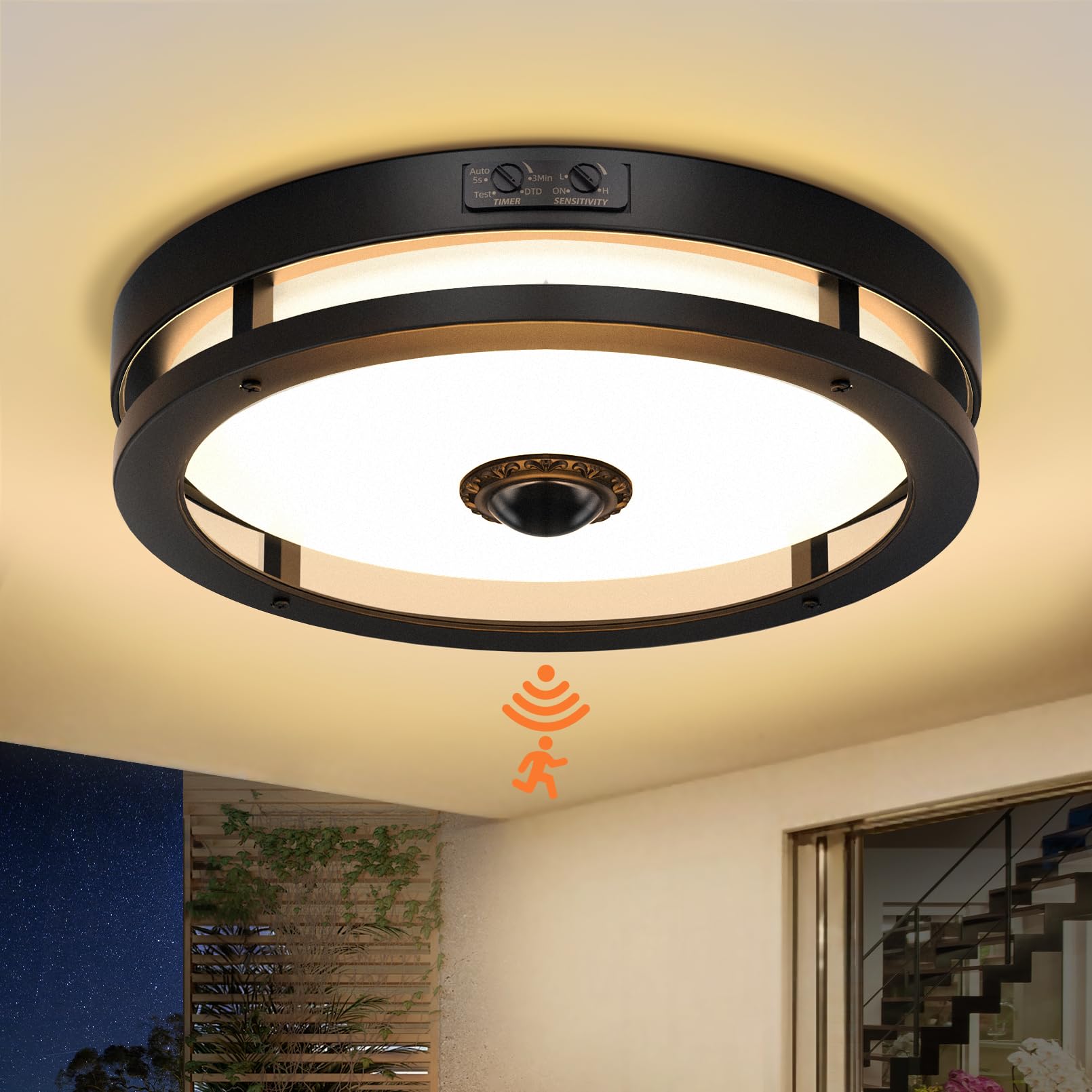 Slypadan Outdoor Motion Sensor Flush Mount Ceiling Light, LED Outdoor Ceiling Light Fixture, 12'' Dusk to Dawn Porch Ceiling Lig