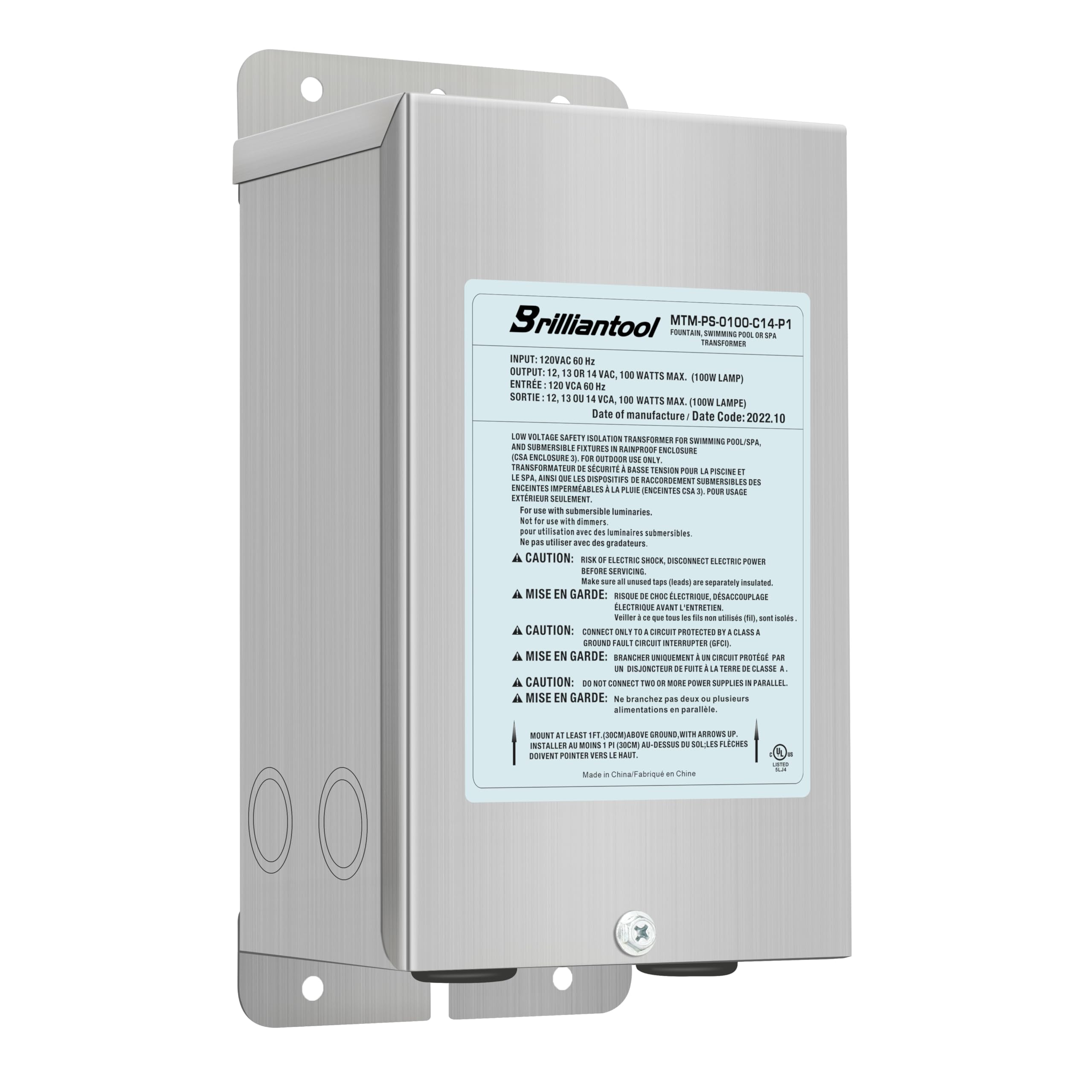 Brilliantool 100W Stainless Steel Casing Pool Light Transformer  Convert 120Vac To 12V/13V/14V Ac Multi-Tap  Weatherproof Transformer  Intended For Pool/Spa Lights And Landscape Lighting (100  Watts)