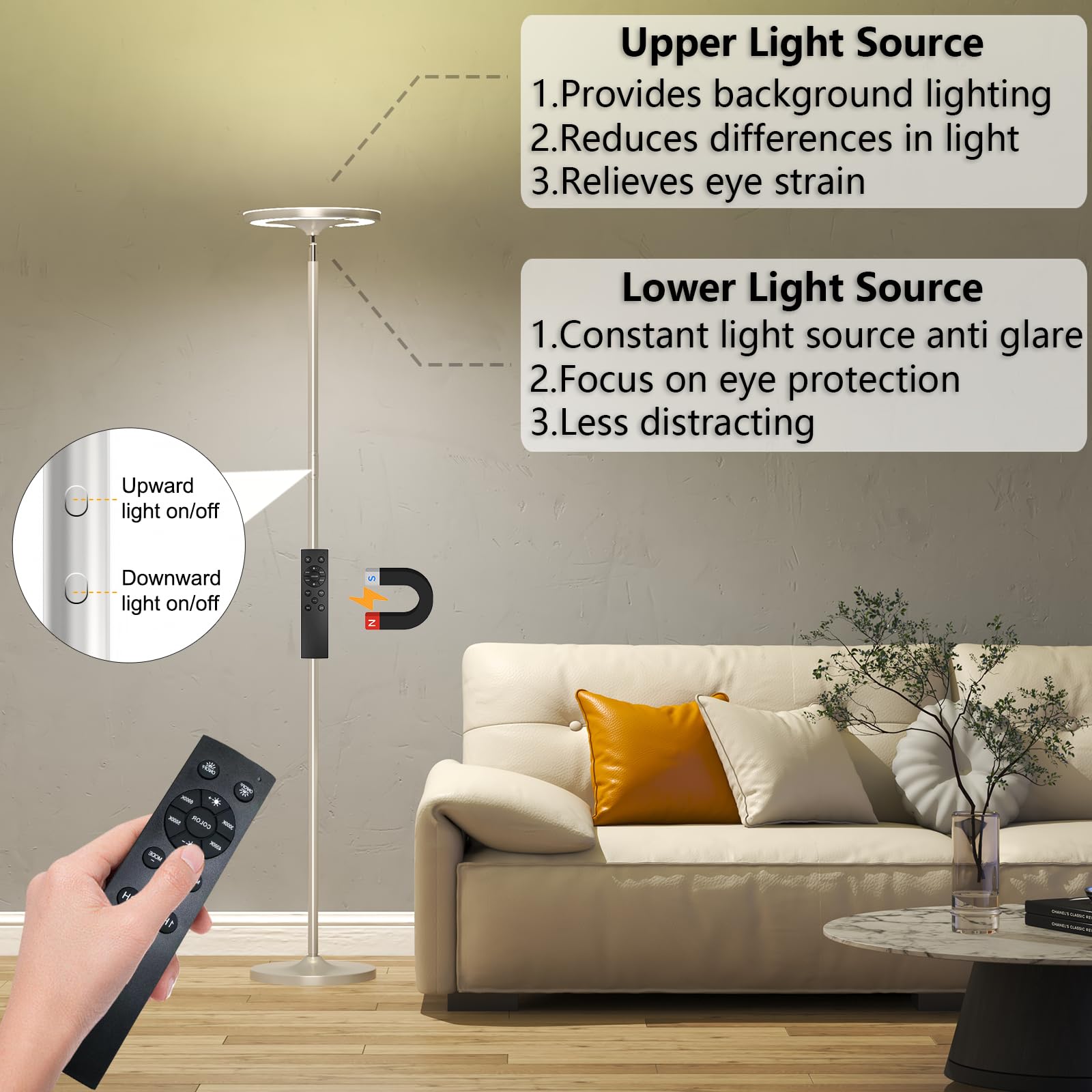 Keepsmile Silver Double Side Lighting Led Floor Lamp With Remote Smart App 36W 2600Lm Bright Tall Standing Rgb Floor Lamp Angle