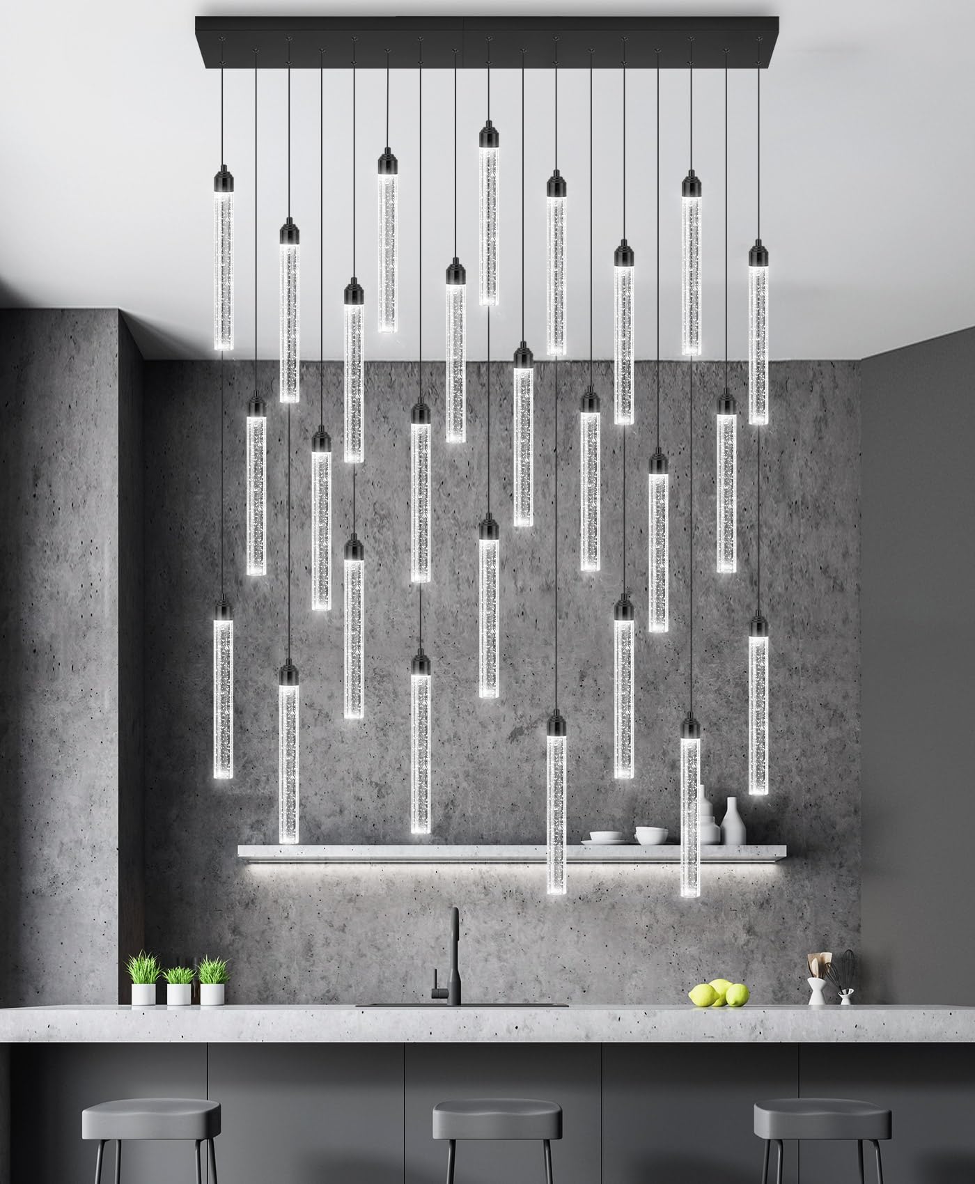 Rectangular Chandeliers 26-Lights Long Light For Entryway Led Dimmable Chandeliers Lighting Fixture Flat Sloped High Ceiling Pendant Lights Crystal For Living Room Foyer Hallway Staircase Black