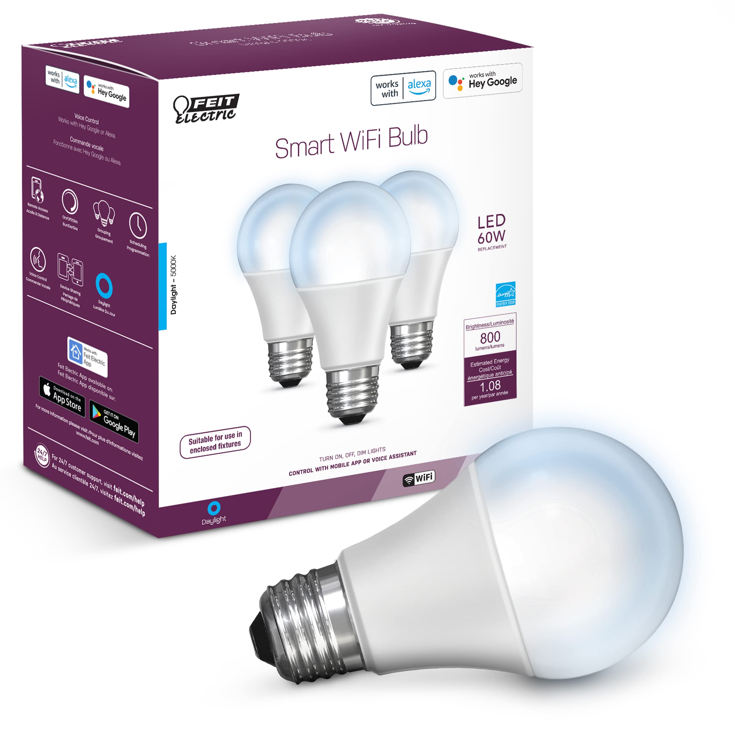 Feit Electric Smart Light Bulbs, Dimmable 60W = LED 9W, 3 Pack, 5000K Daylight, Model OM60/950CA/AG/3