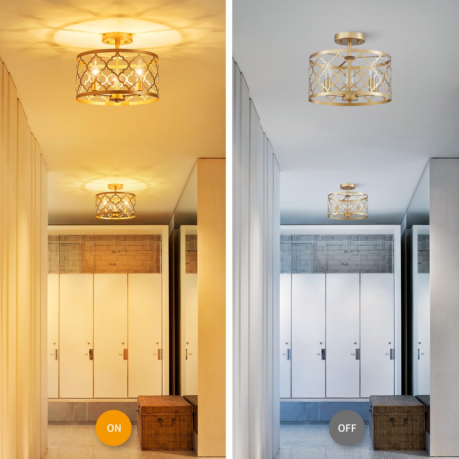 WUZUPS 3-Light Vintage Farmhouse Chandelier Semi-Flush Mount Ceiling Light, Gold, H 9.8" x W 12.4", E12 Base, Model USHD900