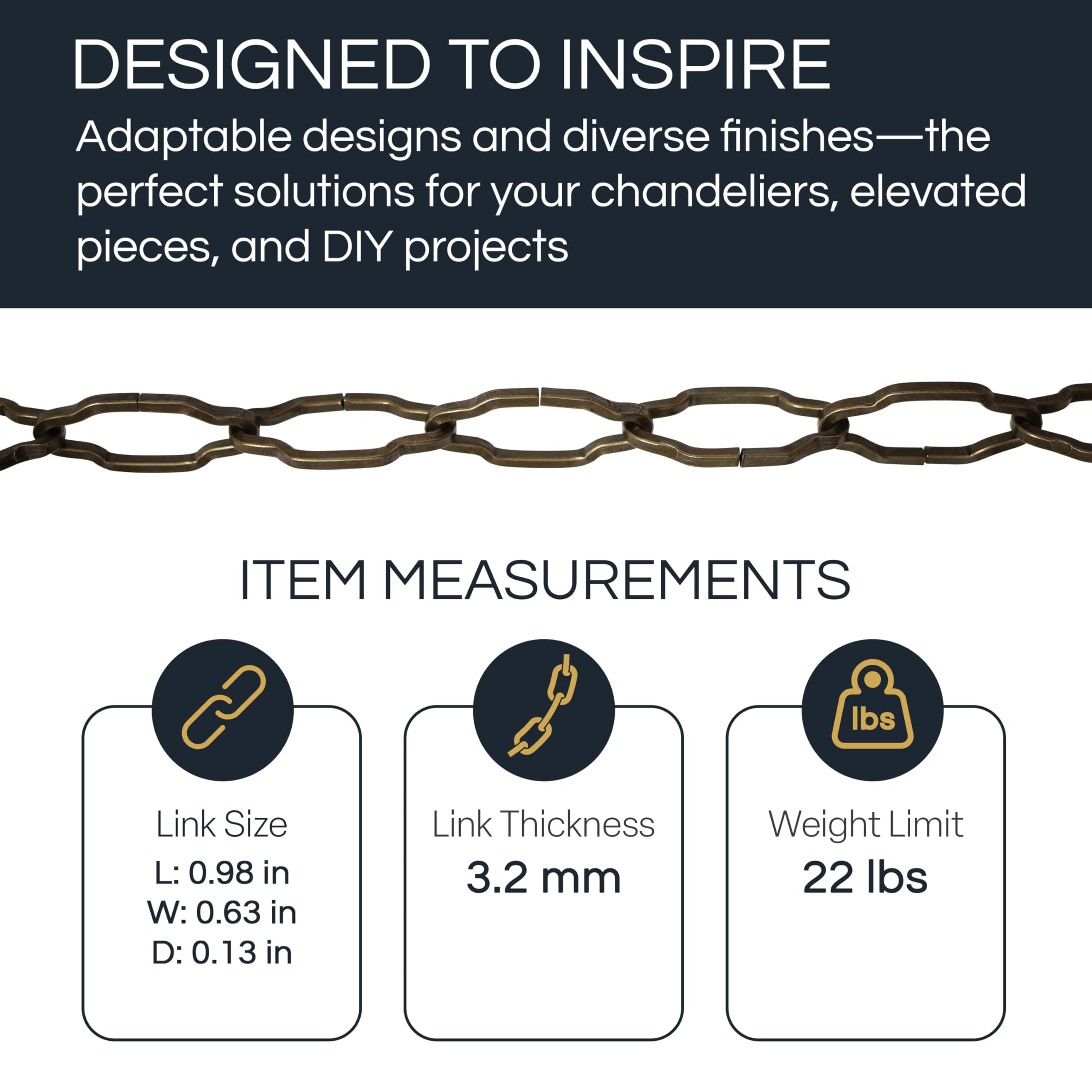 Rch Hardware Ch-S57-30-Ac-3 | 12 Gauge Decorative Solid Steel Motif Link Fixture Chain | 3 Foot Increments |Antique Copper Finis