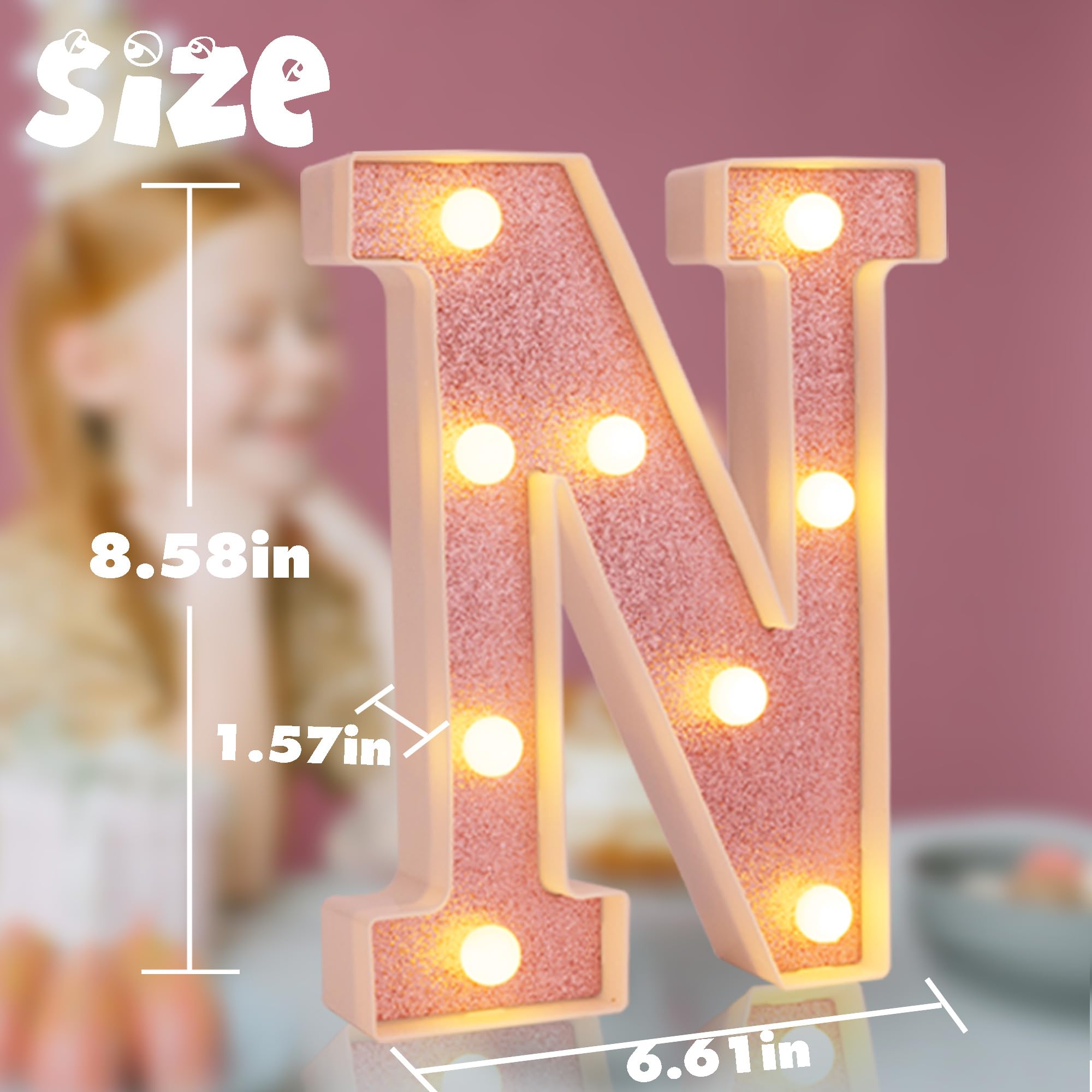 DyingSwan Small LED Marquee Letter N, 8.58 Inch Pink Glitter Lighted Sign, Battery Powered Plastic Decor for Party and Birthday