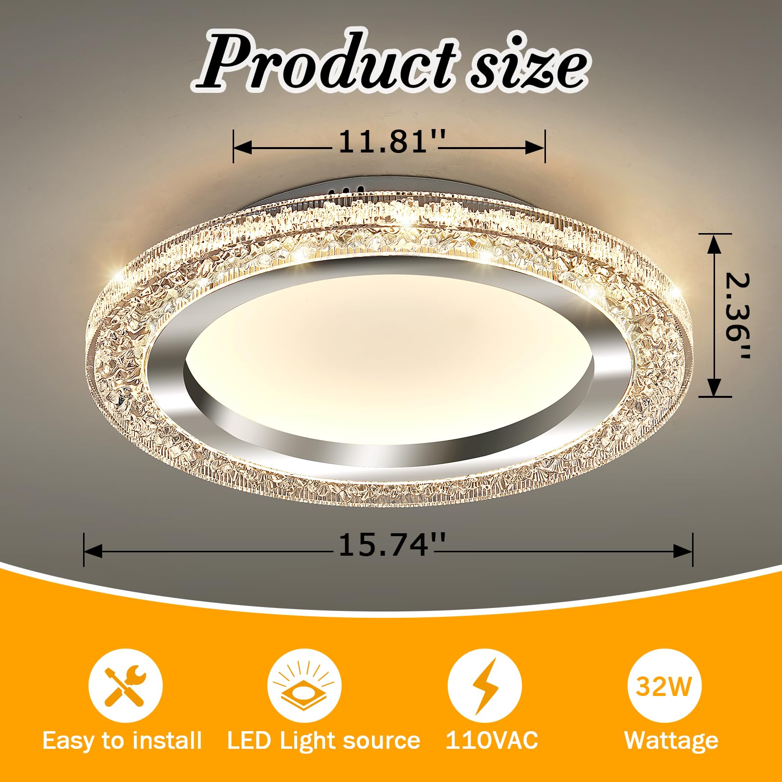 Uofus 32W Led Flush Mount Ceiling Light Chrome 15.7Inch Modern Round Ceiling Light Fixture 3000K-6000K Dimmable Super Bright Cir