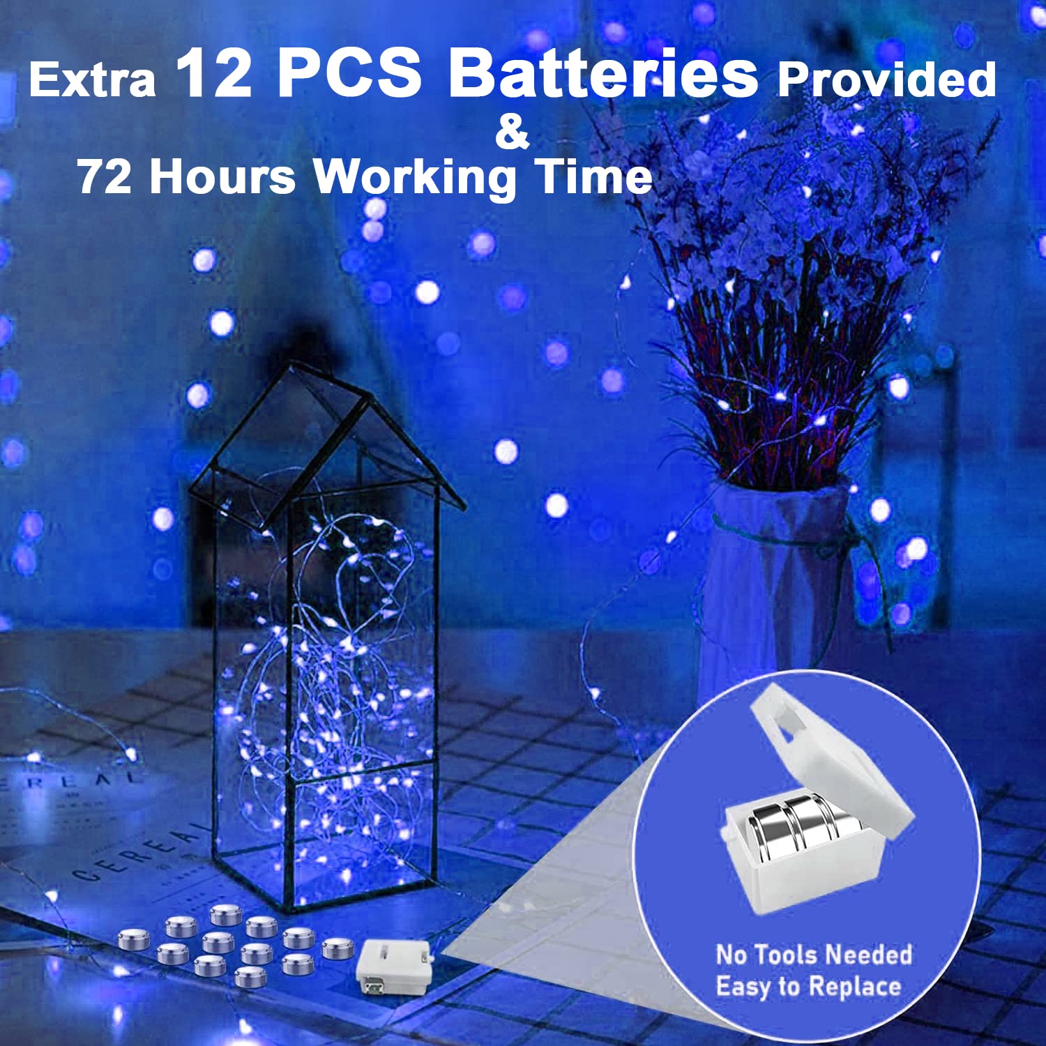 Merfino 12 Pack Battery Operated Fairy Lights, 20 LED, 7Ft, Waterproof, 3 Speed Modes, Extra Batteries, Blue, Model ZLDC01#