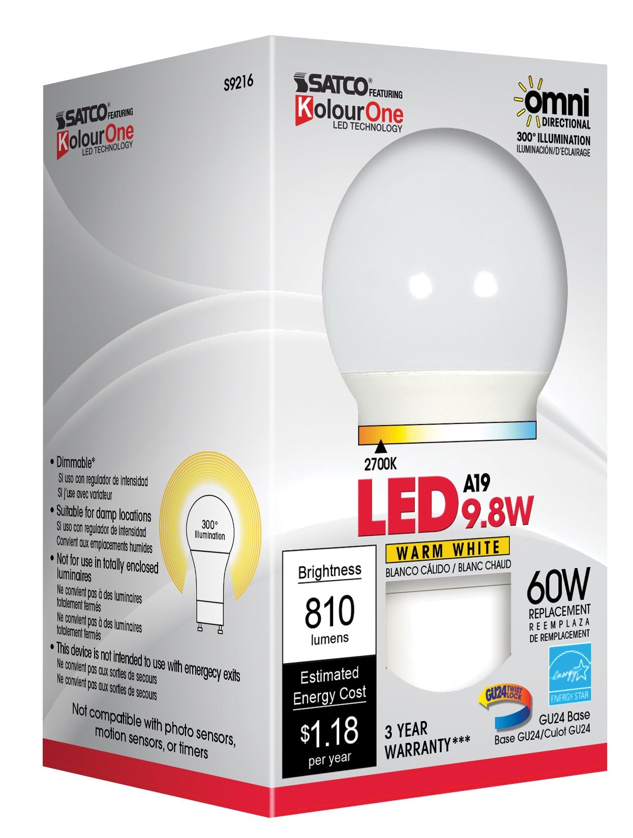Satco A19 LED Frosted Light Bulb, 9.8W, Gu24 Base, 2700K, Model S9216, Copper, 4.5 Size