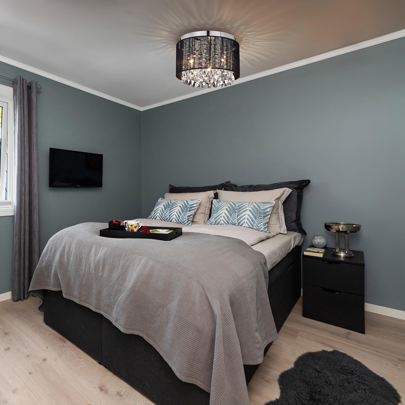 LaLuLa Black Chandelier Small Flush Mount Lighting, 11in Round, 3 Light Mini Crystal for Bedroom