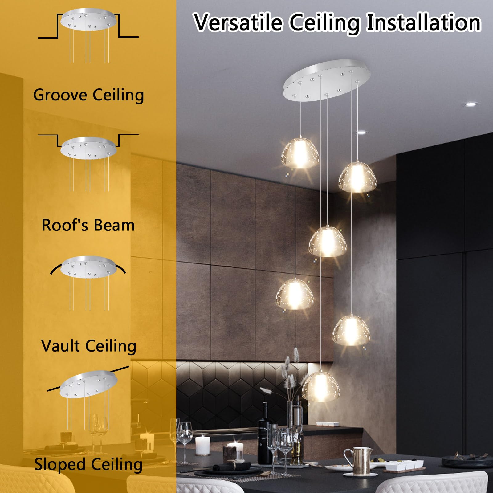 dolria 6-Lights Round Crystal Pendant Lighting, Modern Silver Chandelier for Dining Room, Bedroom, Foyer, Model PC0010, 3000K