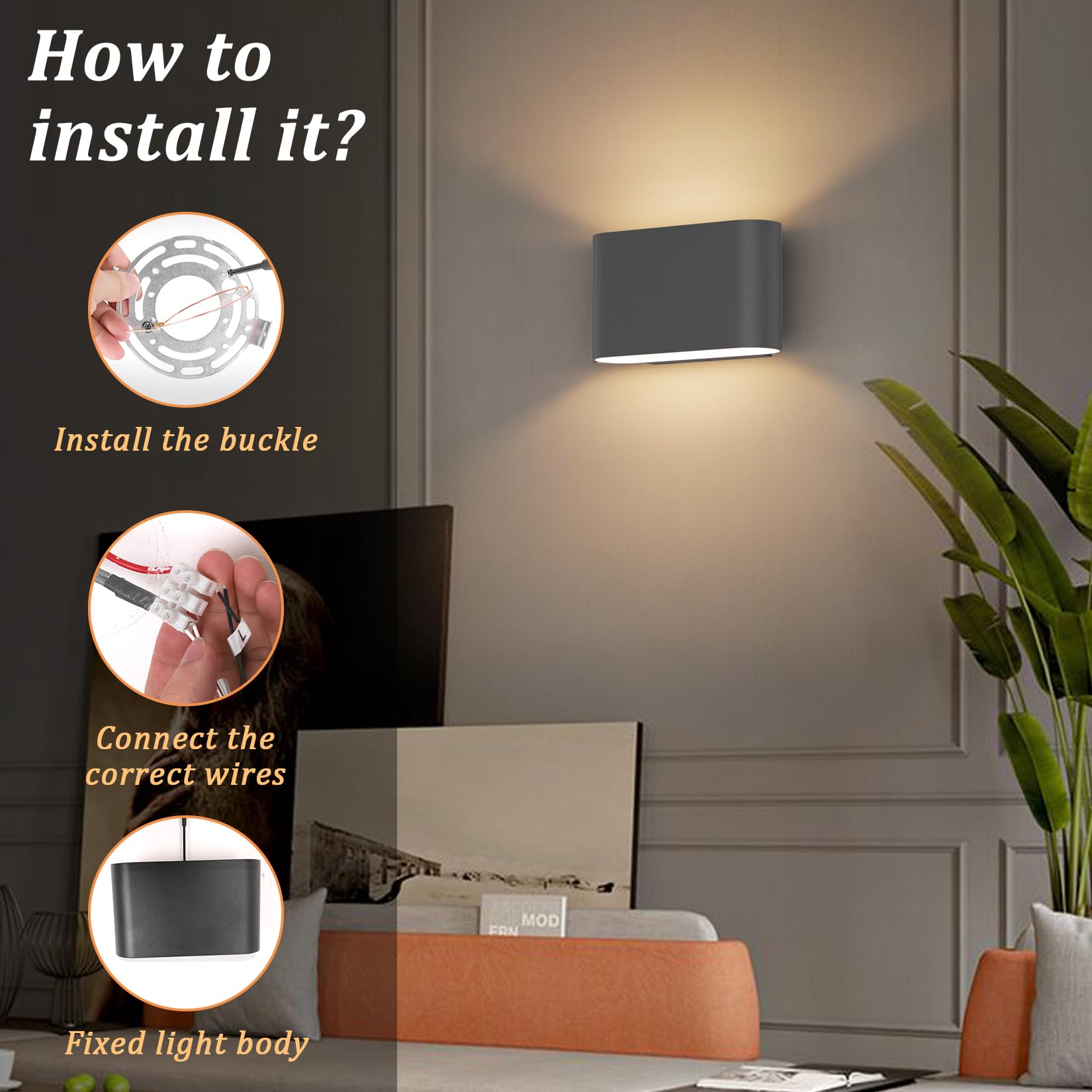 Aipsun LED Wall Sconces Set of 2, Modern Black Indoor Lights, Hardwire ...