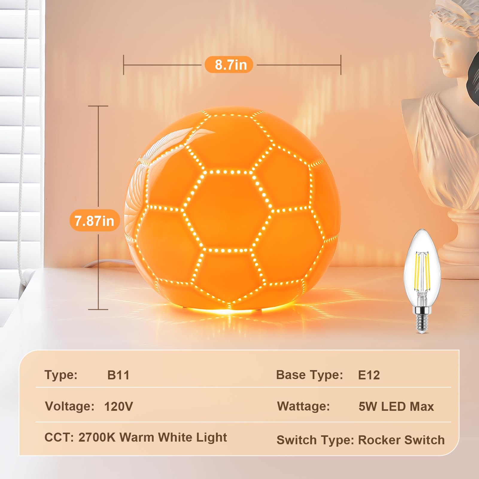 Bohon Light Up Soccer Ball Size 5, Ceramic Bedside Table Lamp, Orange Kids Night Light, Sport Stuff Soccer Gifts For Boys Girls