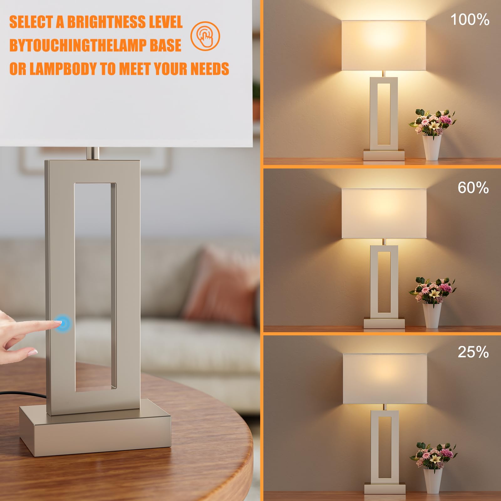 Seealle Nightstand Table Lamps Set of 2 - Touch Control, USB C+A, 3-Way Dimmable, Medium Size, White & Flash-Grey