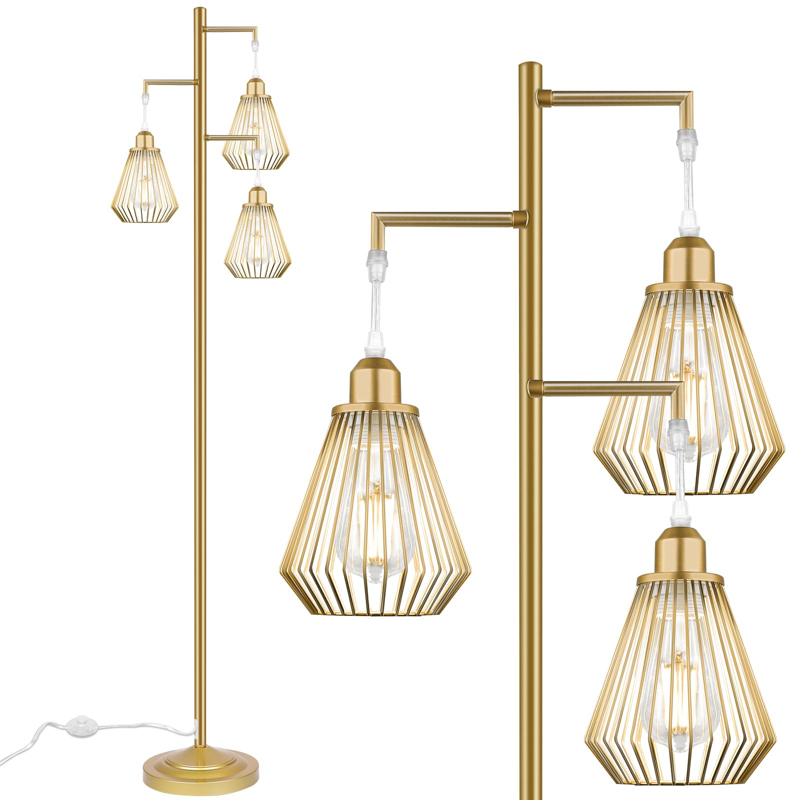 QiMH Industrial Floor Lamp, 68in Modern Metal Tree Lamp with 3 Teardrop Shades, Gold, E26 Socket, 3 LED Bulbs Included, Model STR-FL-0163