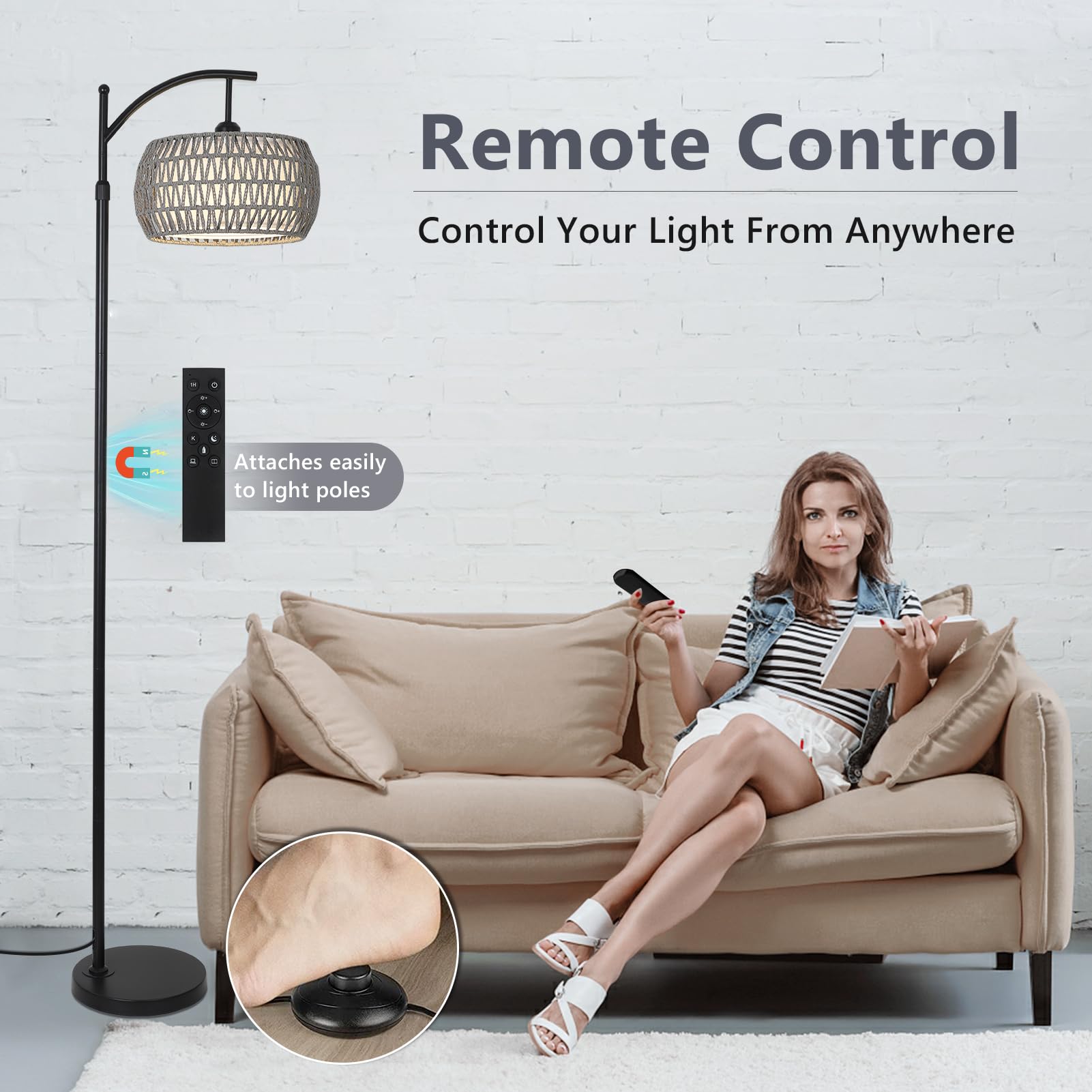 Arc Floor Lamp For Bedroom, Boho Standing Lamp With Remote & Led Smart Bulb, Rattan Floor Lamps For Living Room With 3 Color Tem