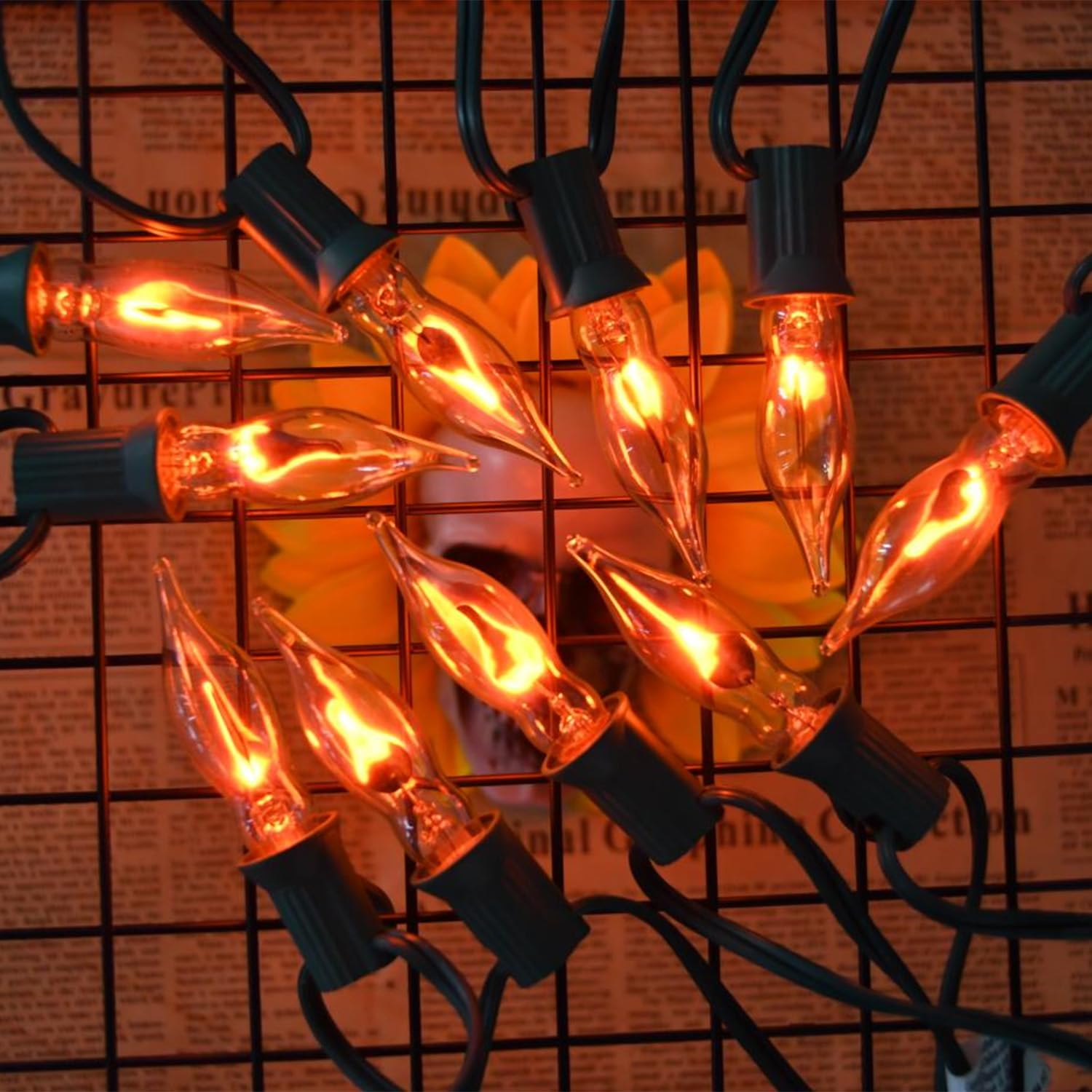 Glowzy 12.8Ft C7 Christmas Lights Flickering Flame String Lights With 12 Pack Clear Flame E12 Light Bulbs(2 Spare), Great For Christmas Decorations Indoor Outdoor Home Patio Party Lights, Green Wire