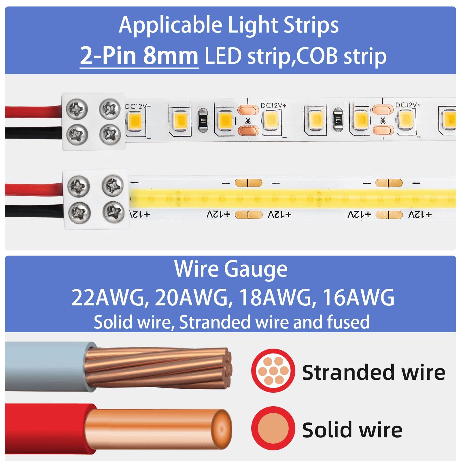 SIOKUY 20 PCS Solderless LED Strip Connectors 2 Pin, Easy Install for 8mm Tape Lights, Reliable Screw Down Connection