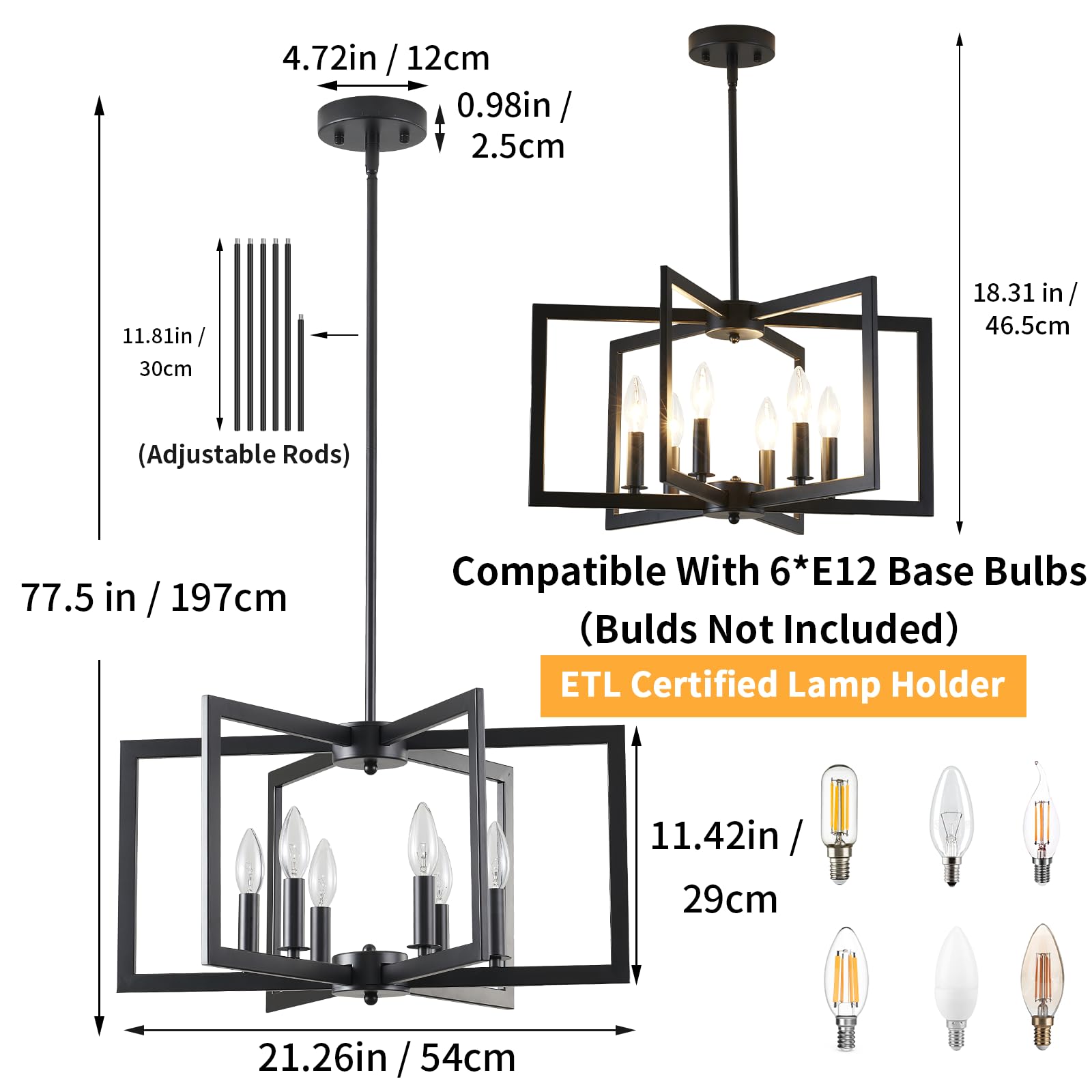 MIAYBPH Black 6-Light Industrial Chandelier, Geometric Metal Fixture for Dining Room, Living Room, Kitchen (E12 Bulbs Not Included)