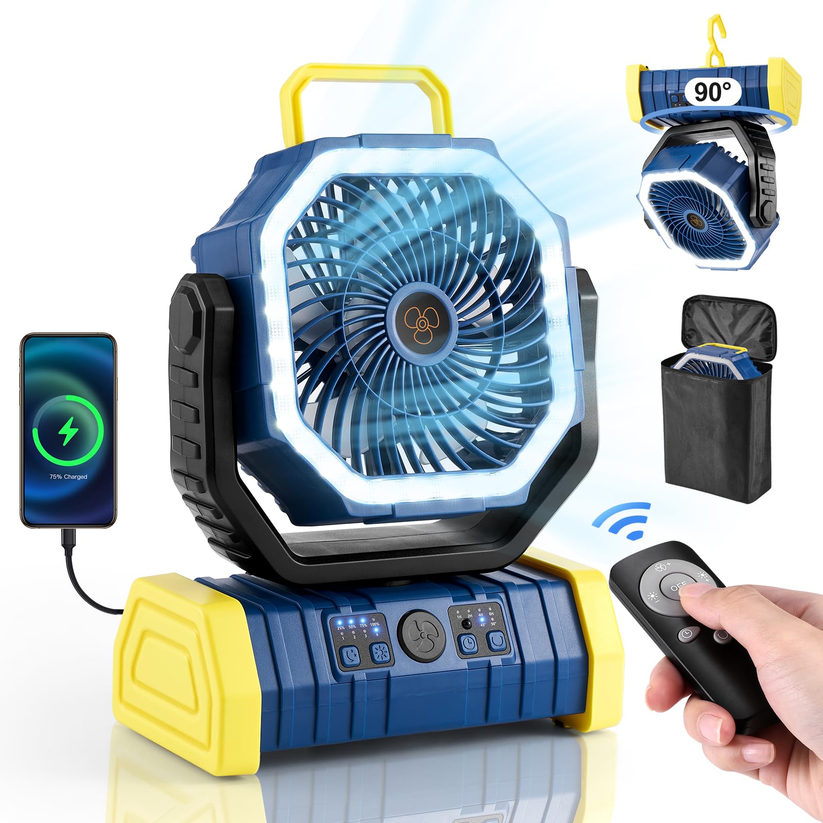 Odoland 30000Mah Camping Fan With Led Lantern, Rechargeable Battery Operated Oscillating With Remote Hook Stroage Bag, Portable