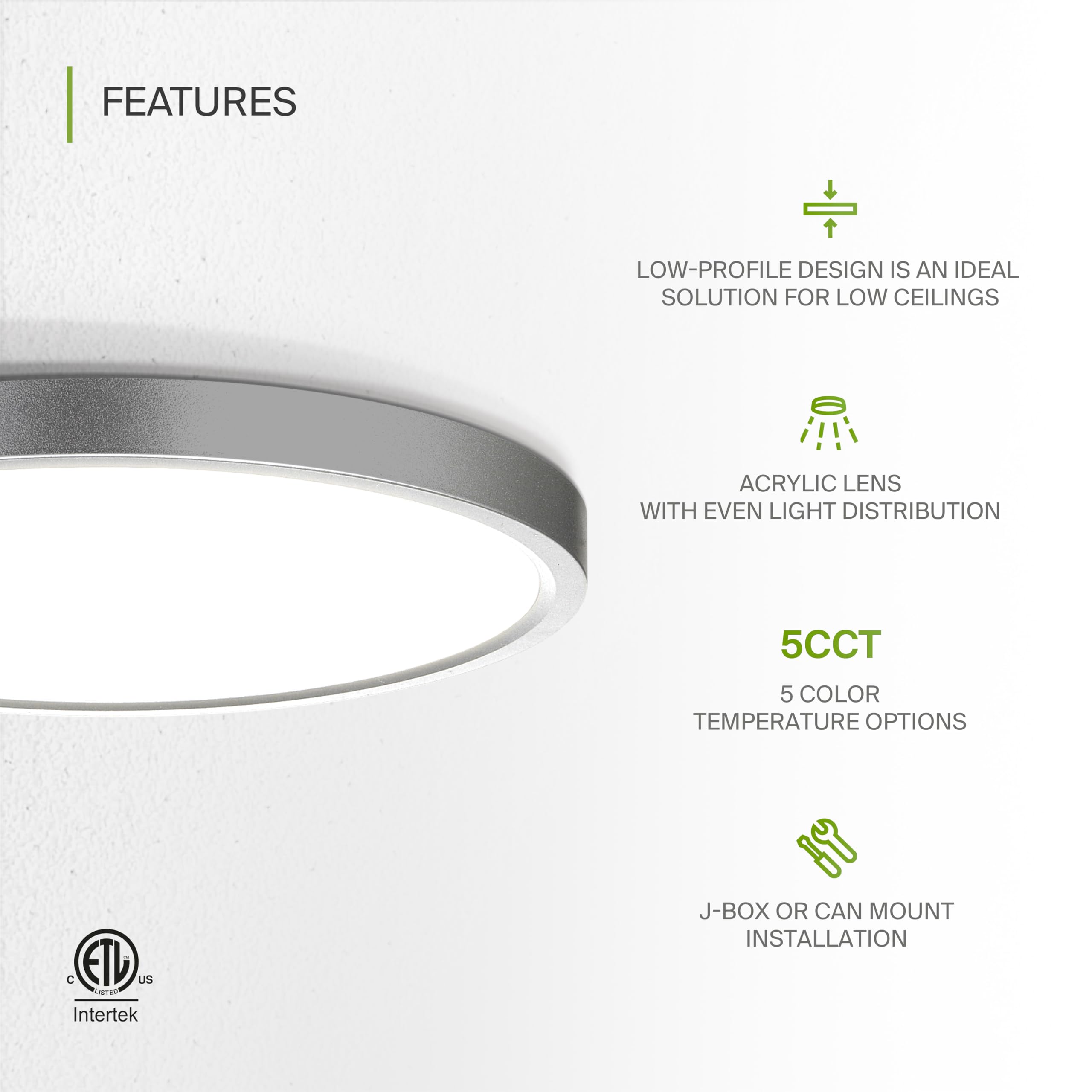 ASD LED Ceiling Light Fixture, 18W 1660LM, 2700-6000K, 9in Round, Nickel, Dimmable, ETL Listed, Model A-M