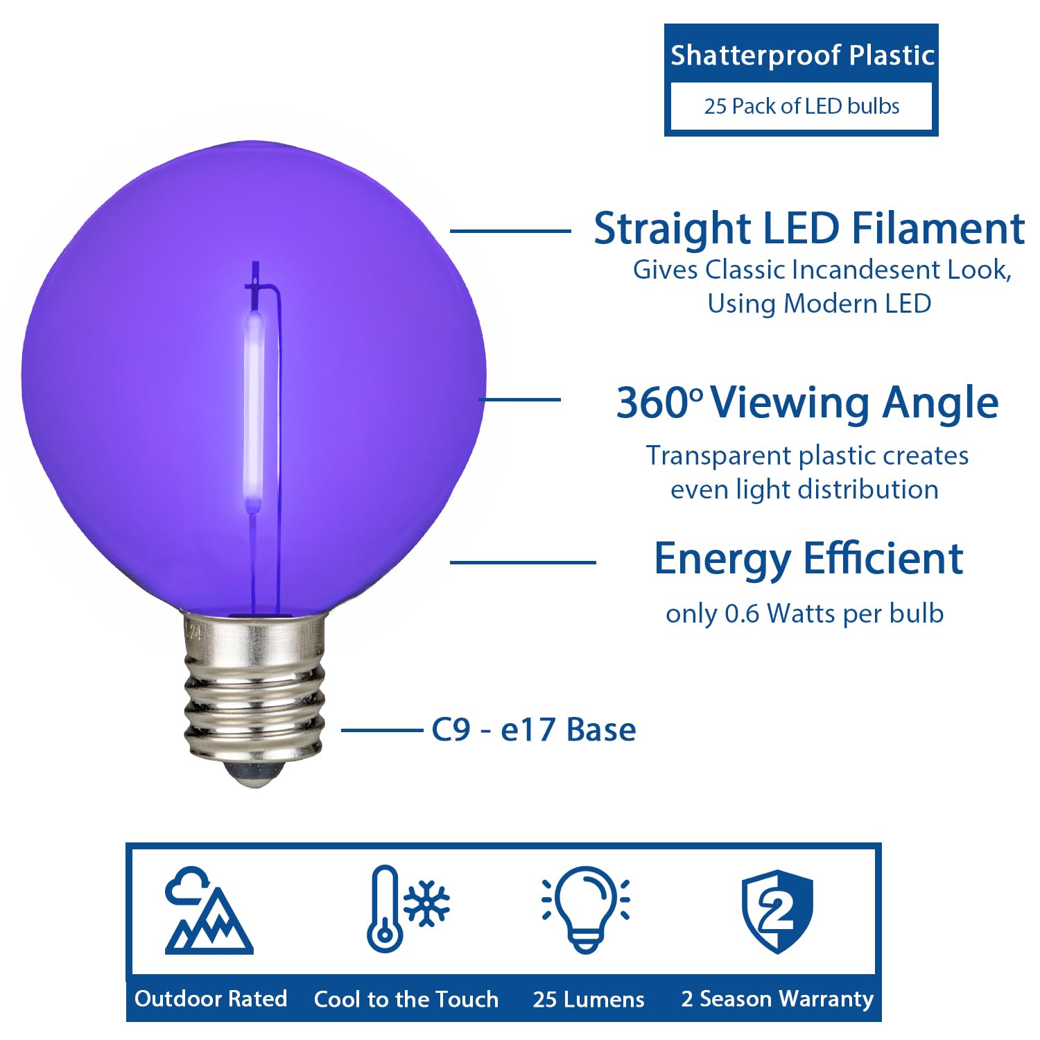 Novelty Lights 25 Pack G50 Led Light Bulbs, E17 C9 Intermediate Screw Base Shatterproof Outdoor String Lights Purple Globe Bulbs