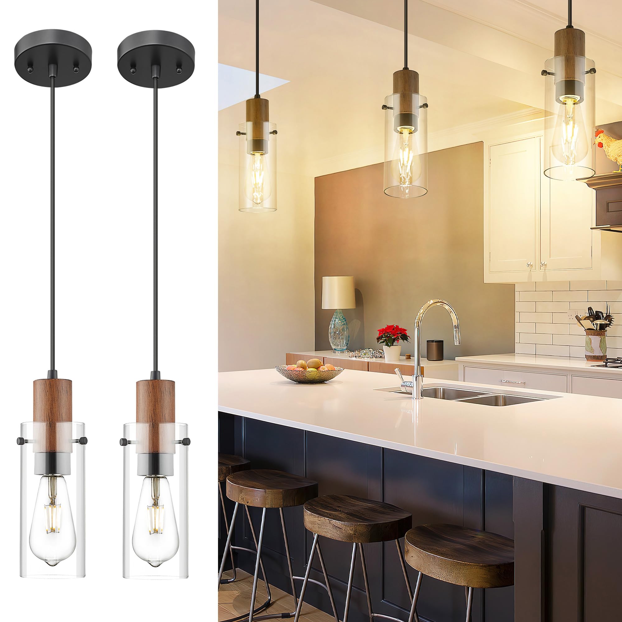 Emak 2 Pack Mini Black Pendant Light Fixtures, Modern Farmhouse Pendant Lights with Clear Glass Shade, 1-Light Hanging Light for