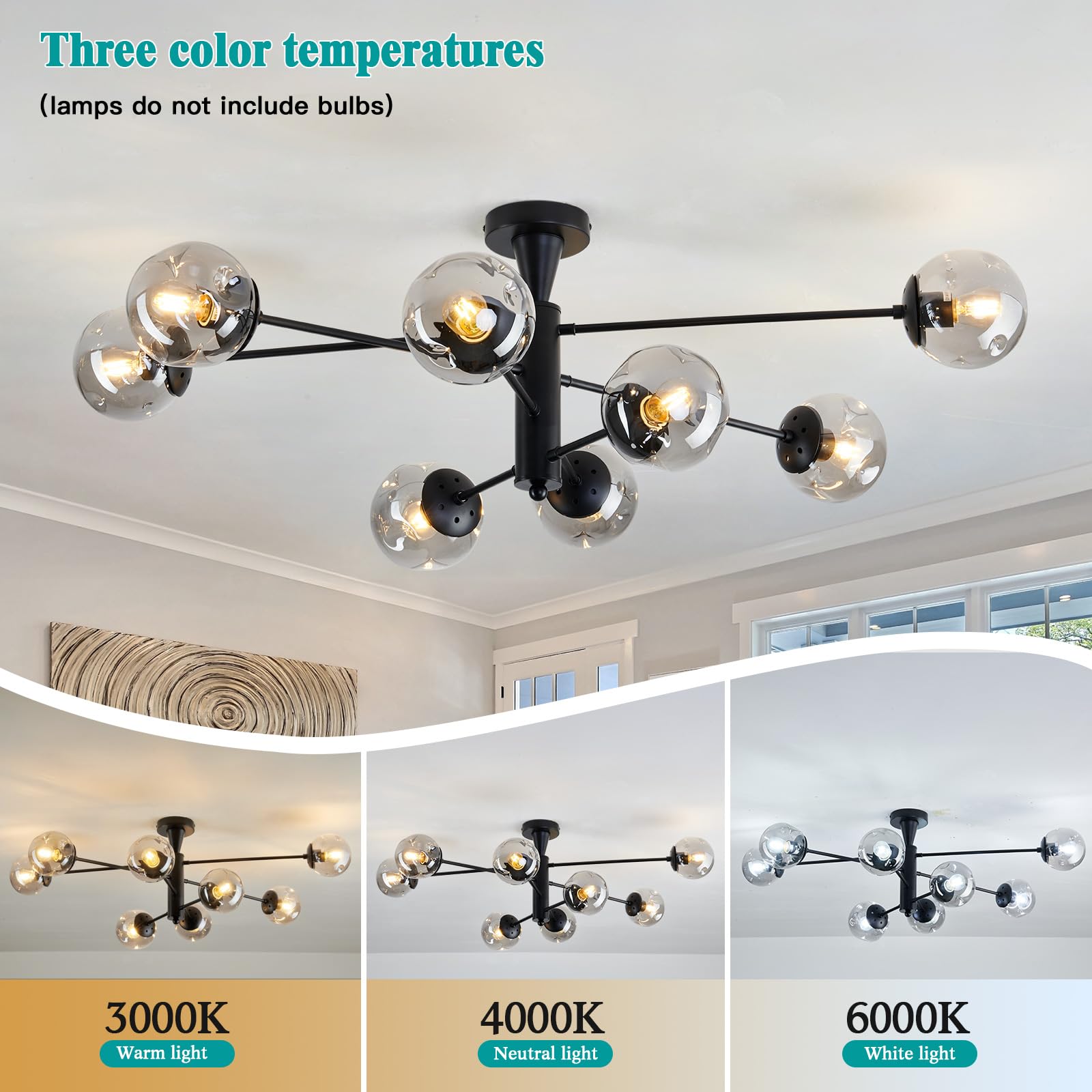 hesoge Modern Sputnik Ceiling Light Fixture - 8 Light Semi Flush Mount Chandelier, Black Iron with Glass Globes for Dining Room, Model H-1321
