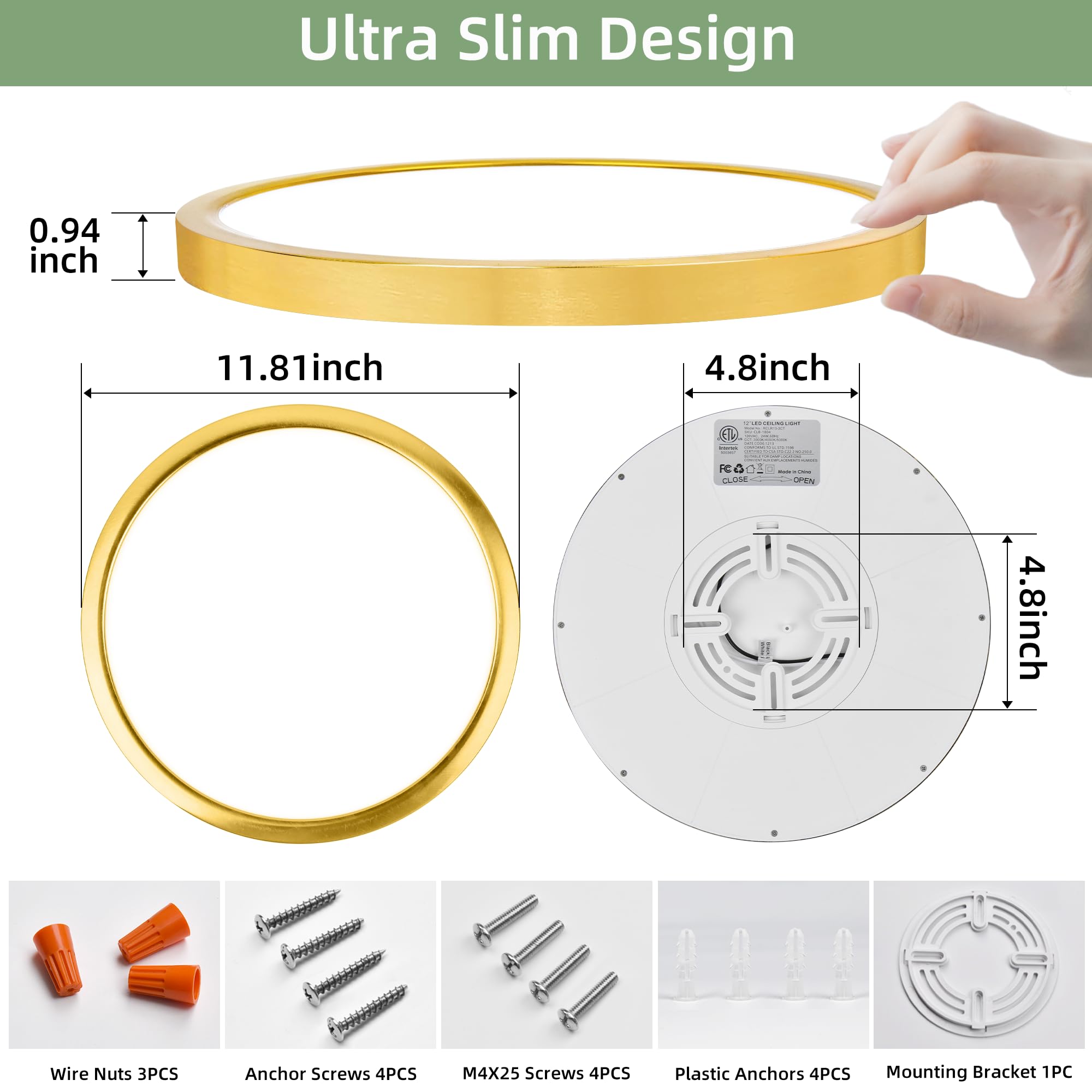 hykolity 12 Inch LED Round Flat Panel Light, 24W Selectable CCT 3000K/4000K/5000K, Gold Finish, Model DYXDD300