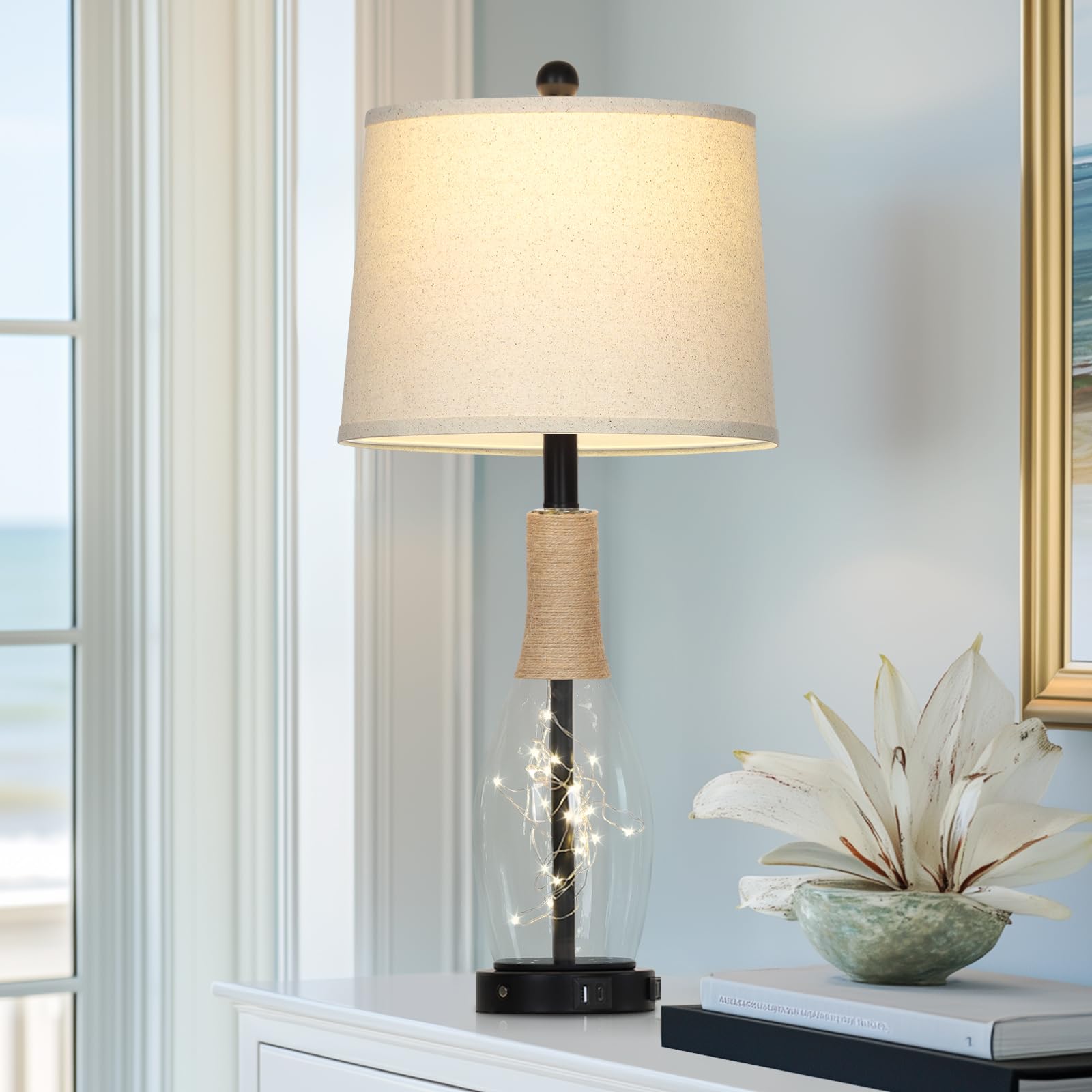 28'' Tall Coastal Table Lamps Set Of 2, Glass Black Modern Table Lamps With 3-Way Dimmable Touch Control Fairy Lights & Type-C C