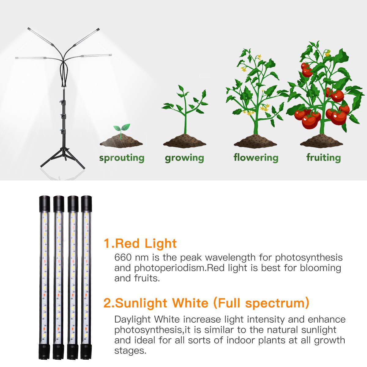 Grow Light With Stand, 200W 6000K Full Spectrum Gooseneck Floor Plant Light For Indoor Plants Growing,5 Dimmable Levels & Auto On/Off Timer, Tripod Stand Adjustable 15-48 In