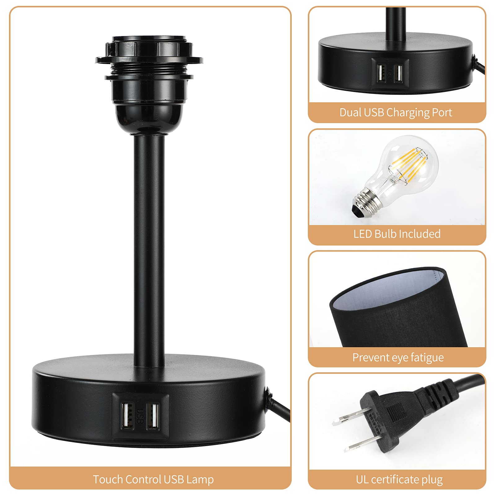 Yarra-Decor Touch Control Bedside Lamp with USB Port, 3 Way Dimmable, Black Linen Shade, LED Bulb Included