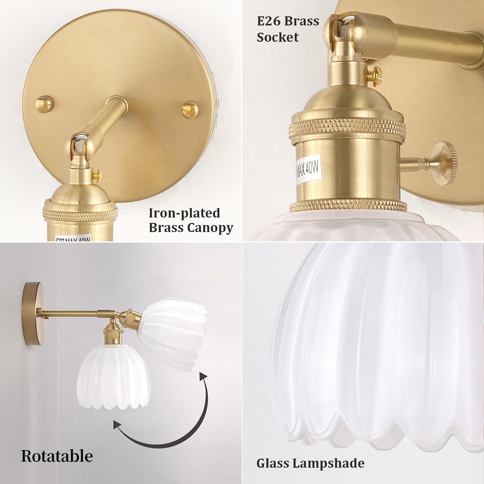 Shenmoyl Vintage Wall Sconce - Battery Operated, Remote Control, Glass, Tulip White, Model 1-9330