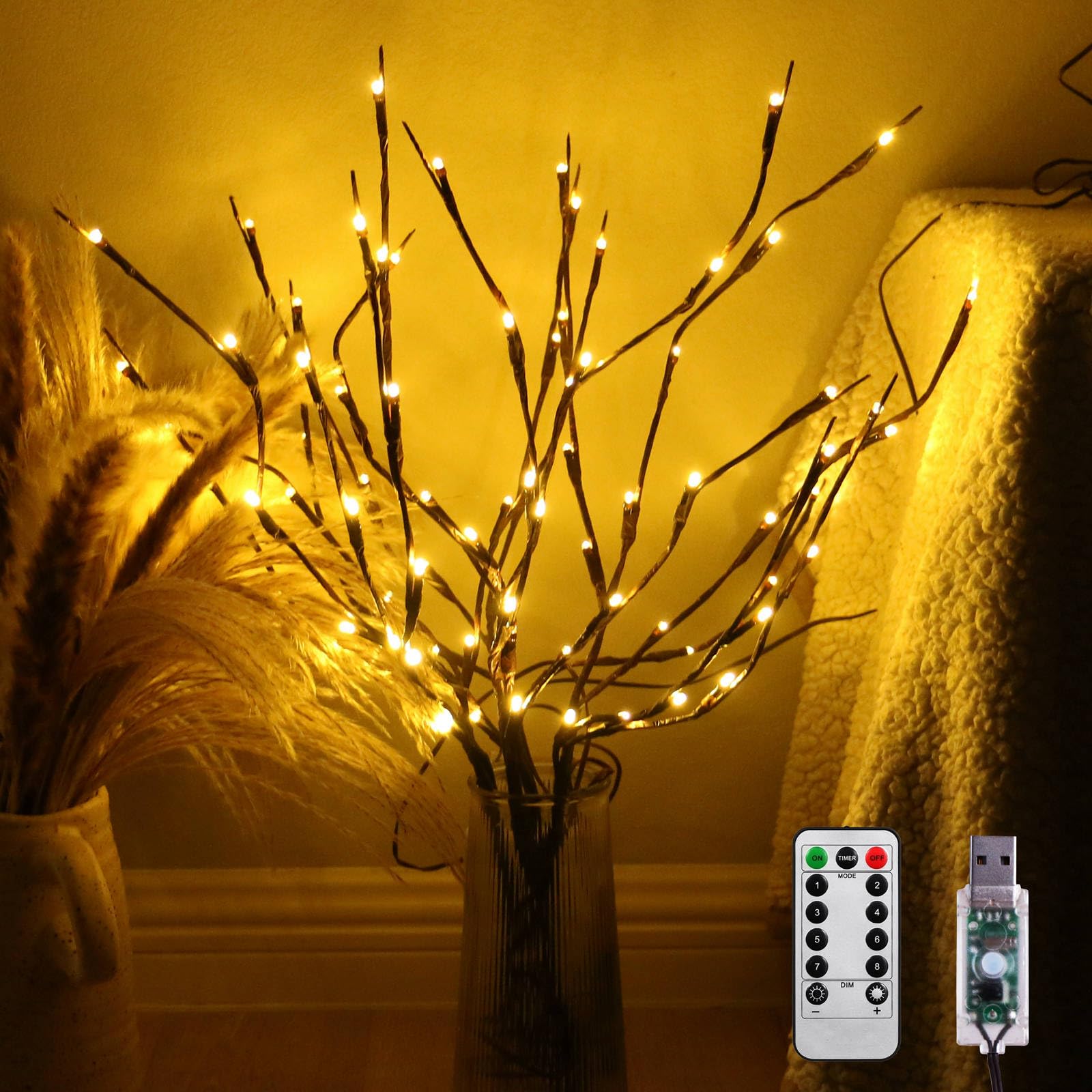 4 Pack Branch Lights with Timer, USB & Battery Powered, 295 Inches 80 LED Willow Tree Twig 8 Mode Remote Branch Lights for Home
