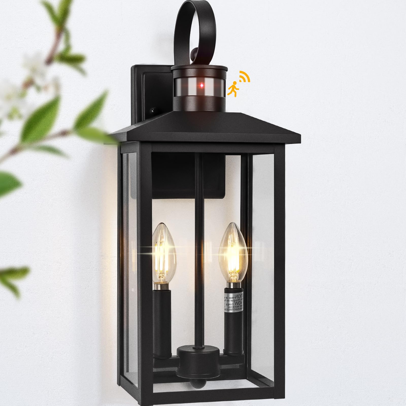 Large Motion Sensor Outdoor Wall Lights, 18" Black Dusk To Dawn Outdoor Light, 2-Light Aluminum Outdoor Light Fixture With E12 Socket, Etl Listed Outside Porch Light Wall Mount For House, Proch