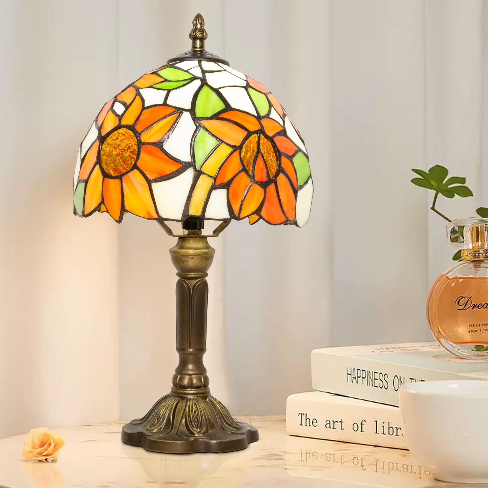 Ppbmocw Stained Glass Lamp,8X14 inches Small Tiffany Lamp for Bedside,Antique Office,Living Room (A Sunflower)