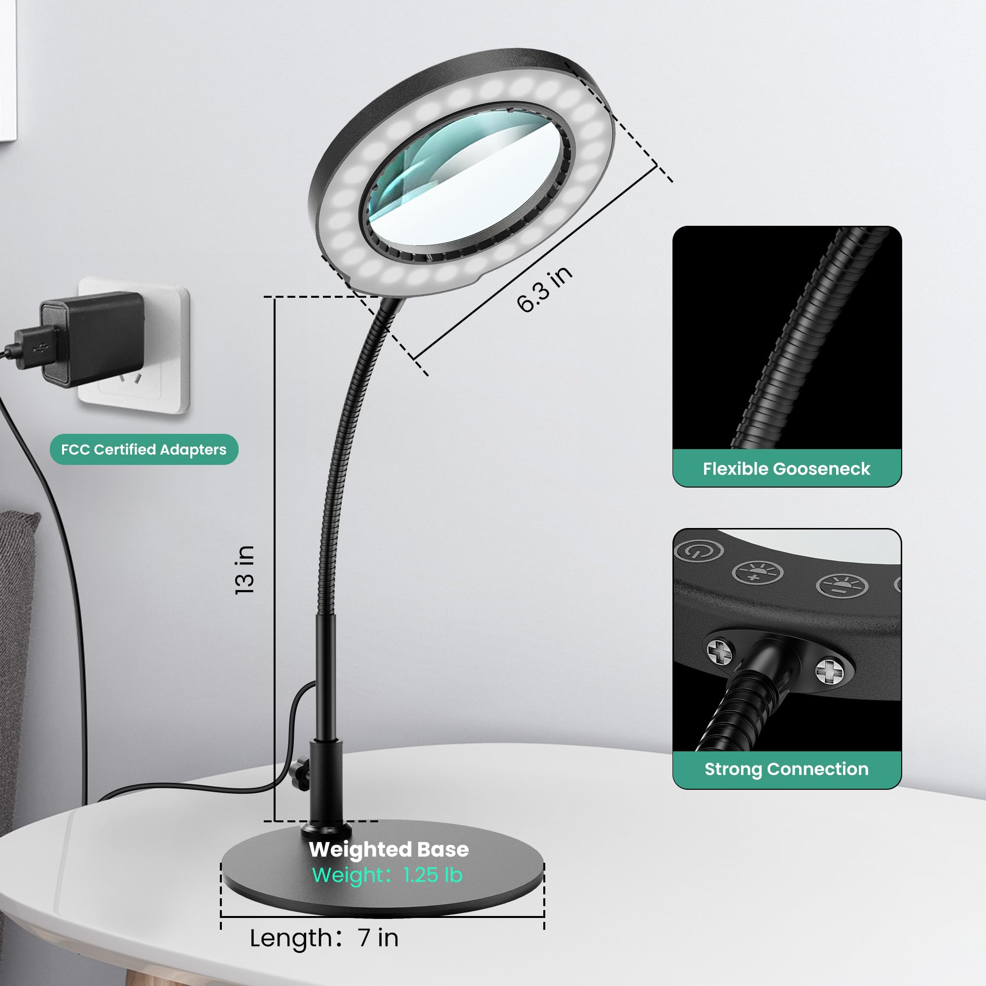 10X Magnifying Glass With Light And Stand, 5 Color Modes Stepless Led Lighted Desk Lamp, Hands Free Flexible Gooseneck Magnifier