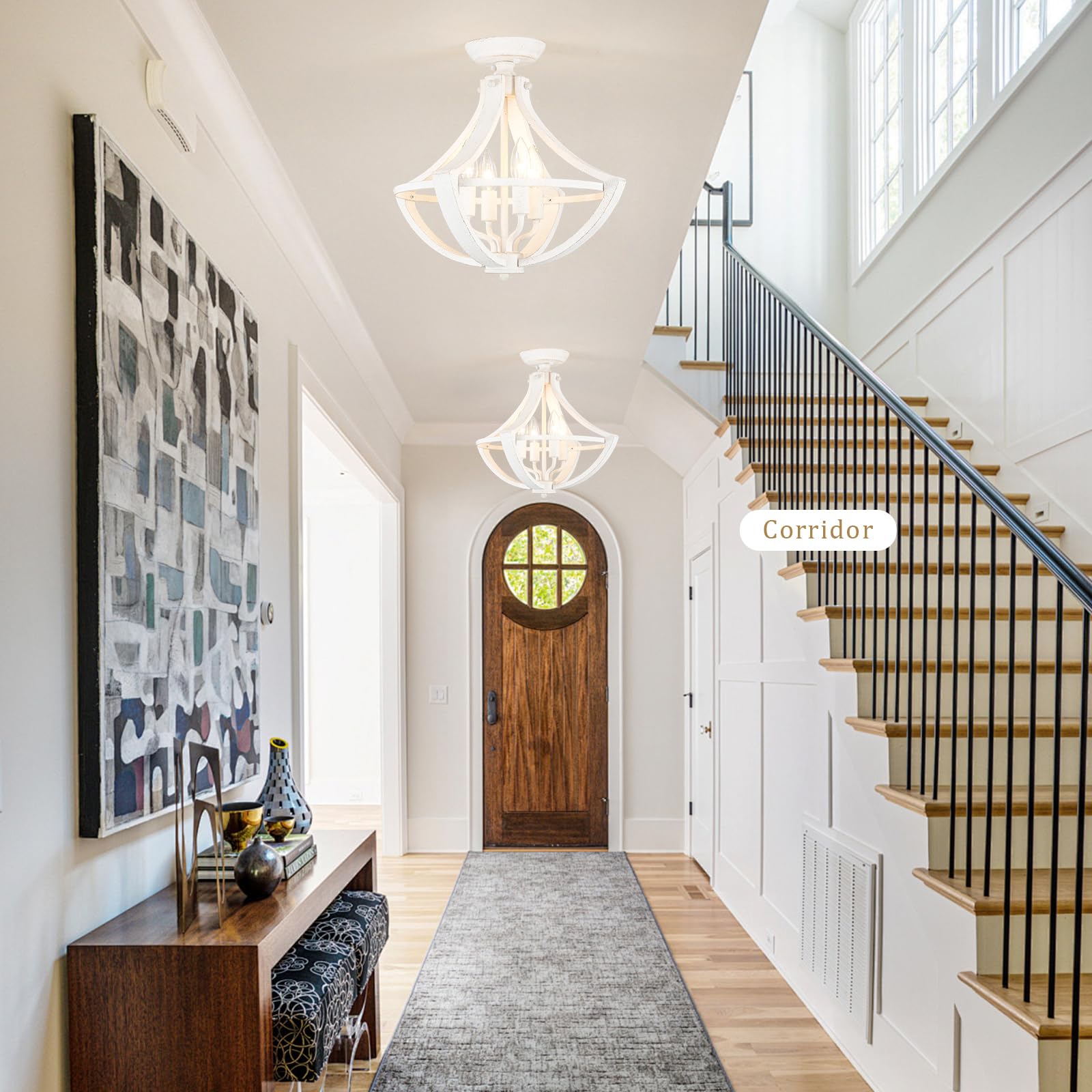 4-Lights French Country Chandelier Farmhouse Chandelier Handmade Semi Flush Mount Ceiling Light Fixture Wood Chandelier Pendant Light White Chandeliers For Entryway Foyer Hallway Kitchen Dining Room