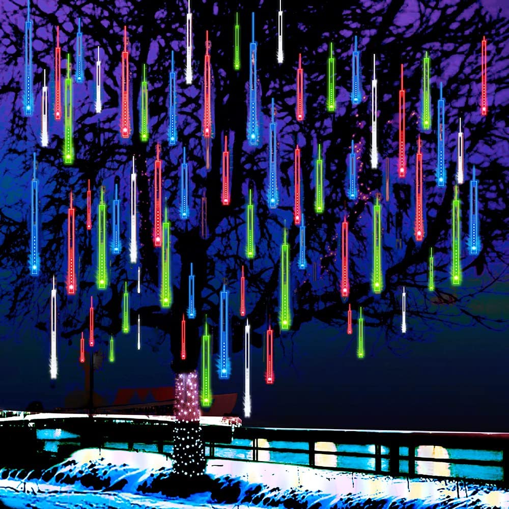 Kordain Meteor Shower Lights, 8 Tubes 144 Leds, Waterproof Multicolor Falling Rain Drop Lights For Holidays, Ul Plug, 26.9Ft