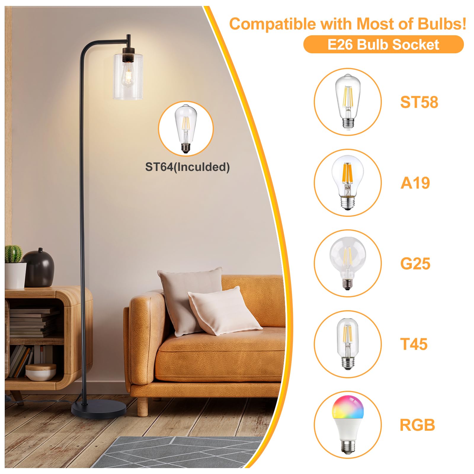 Dllt Floor Lamp Tall For Room: Black Standing Lamp With Seeded Glass Lampshade For Living Room - Modern Bright Lamp For Bedroom